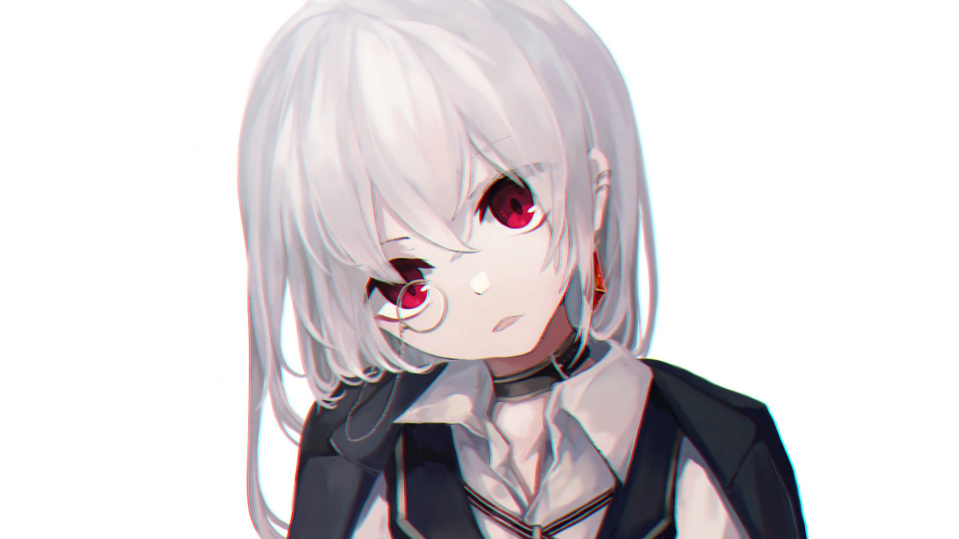 Red Eyes White Hair Anime Girl Is Wearing White Black Dress 2K Anime Girl