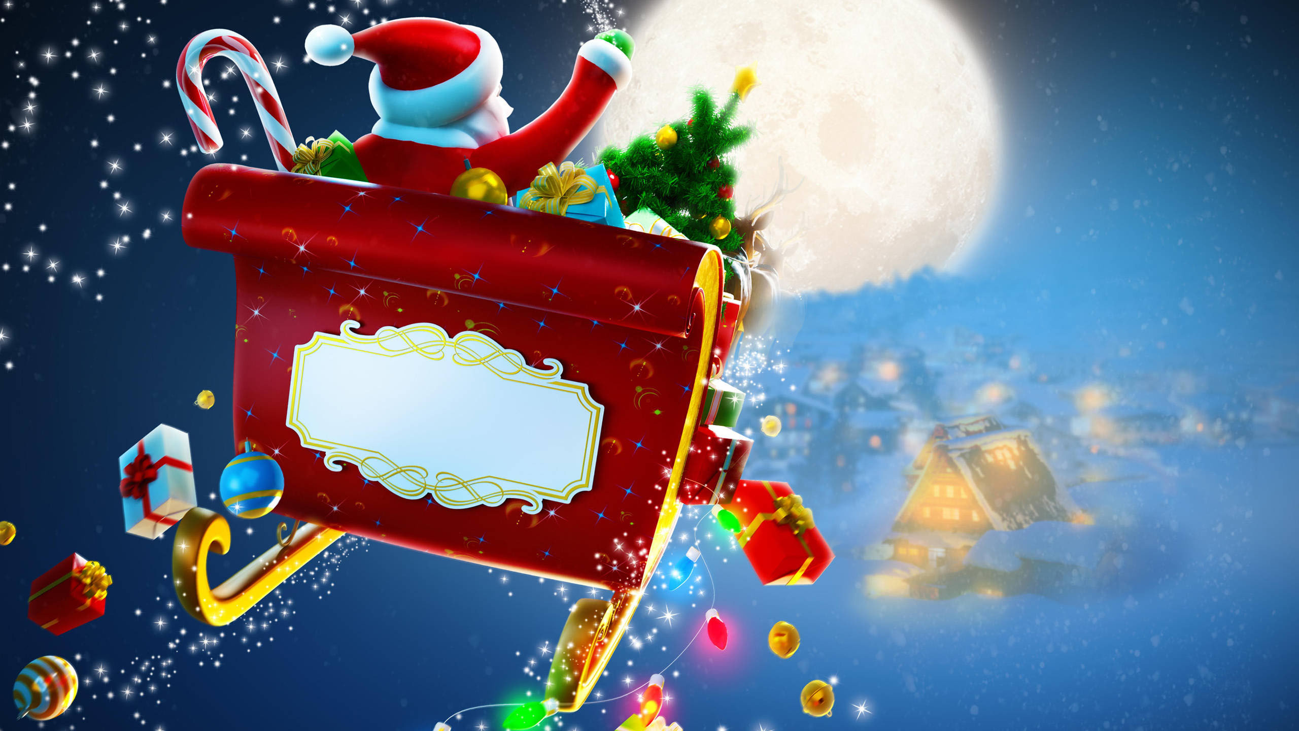 Santa Claus Reindeer Gift Boxes Moon Sky Wallpaper 2K Christmas