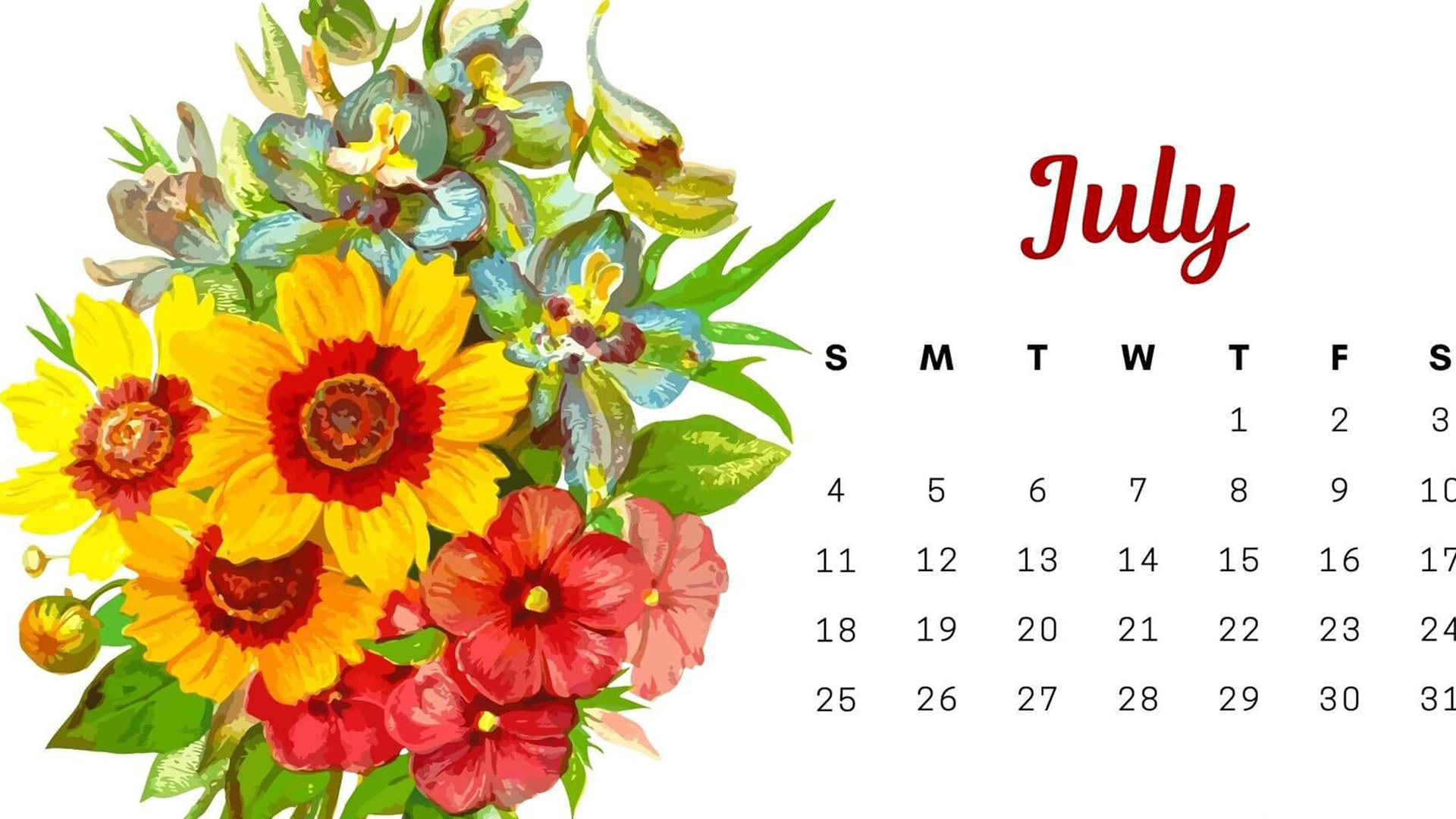 Colorful Flowers July Calendar White Wallpaper 2K July Calendar