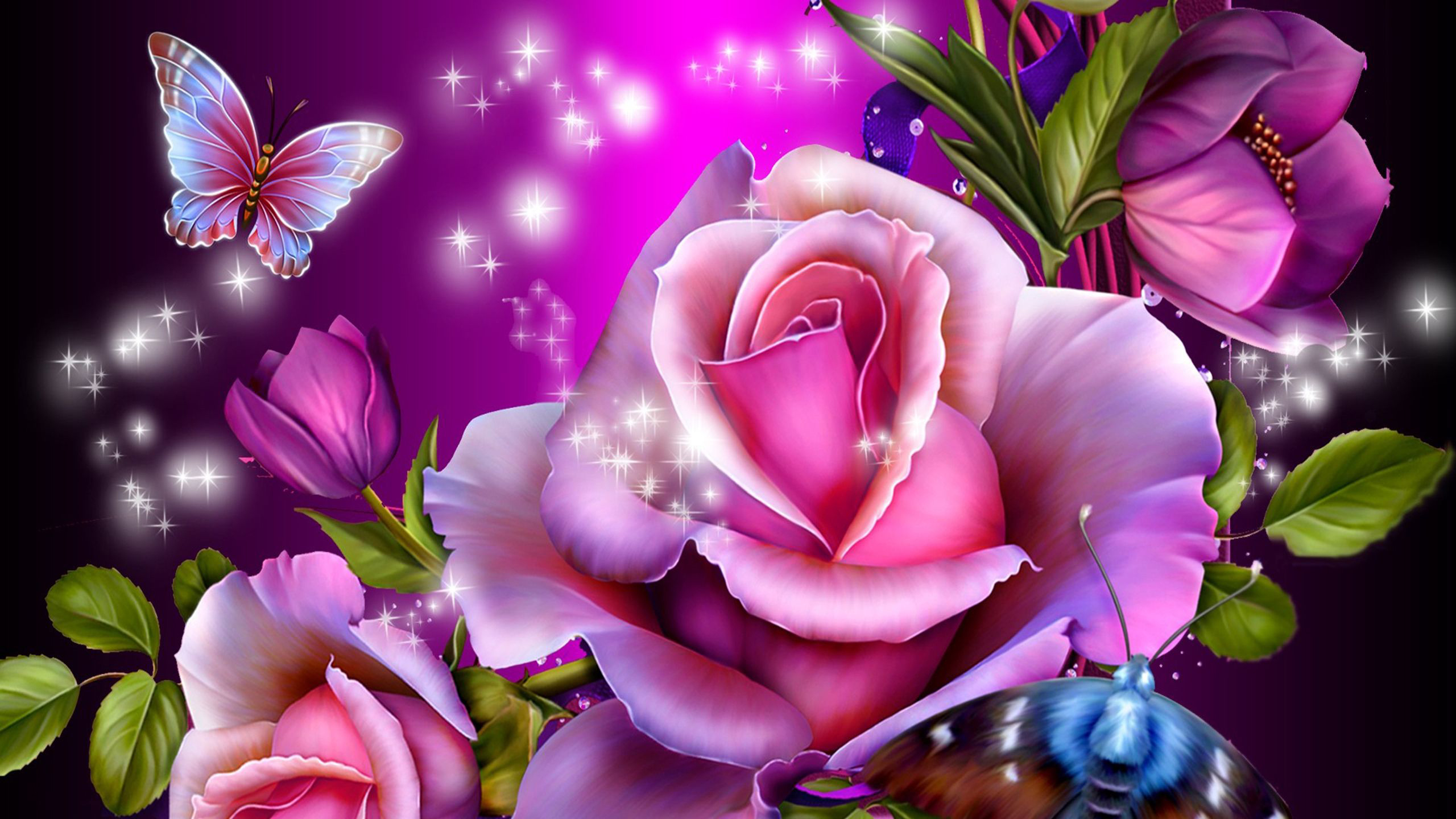 Pink Butterfly With Pink Roses In Glittering Wallpaper 2K Pink Butterfly