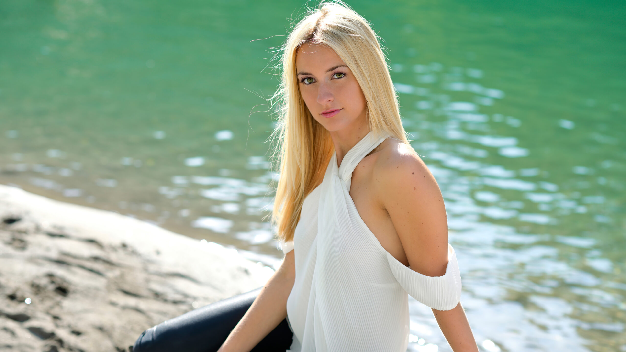 White Hair Blonde Girl Model Is Sitting In Water Wallpaper Wearing White Black Dress K K 2K Girls