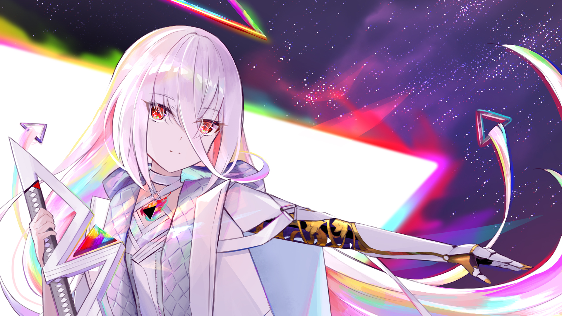 Red Eyes White Hair Anime Girl Colorful Sky Wallpaper 2K Anime Girl