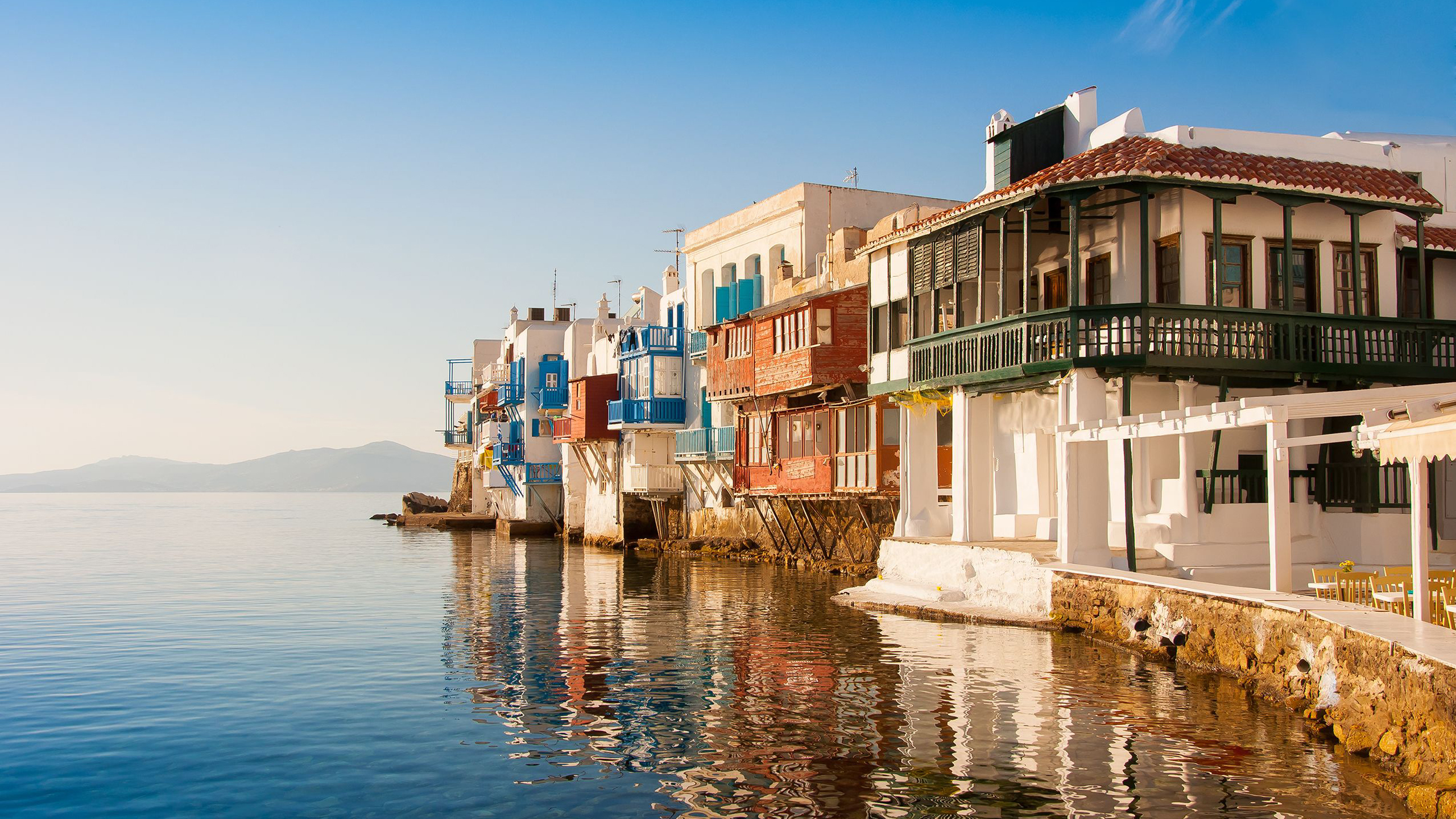 Colorful Houses On River Side Blue Sky Wallpaper Reflection Greece 2K Travel