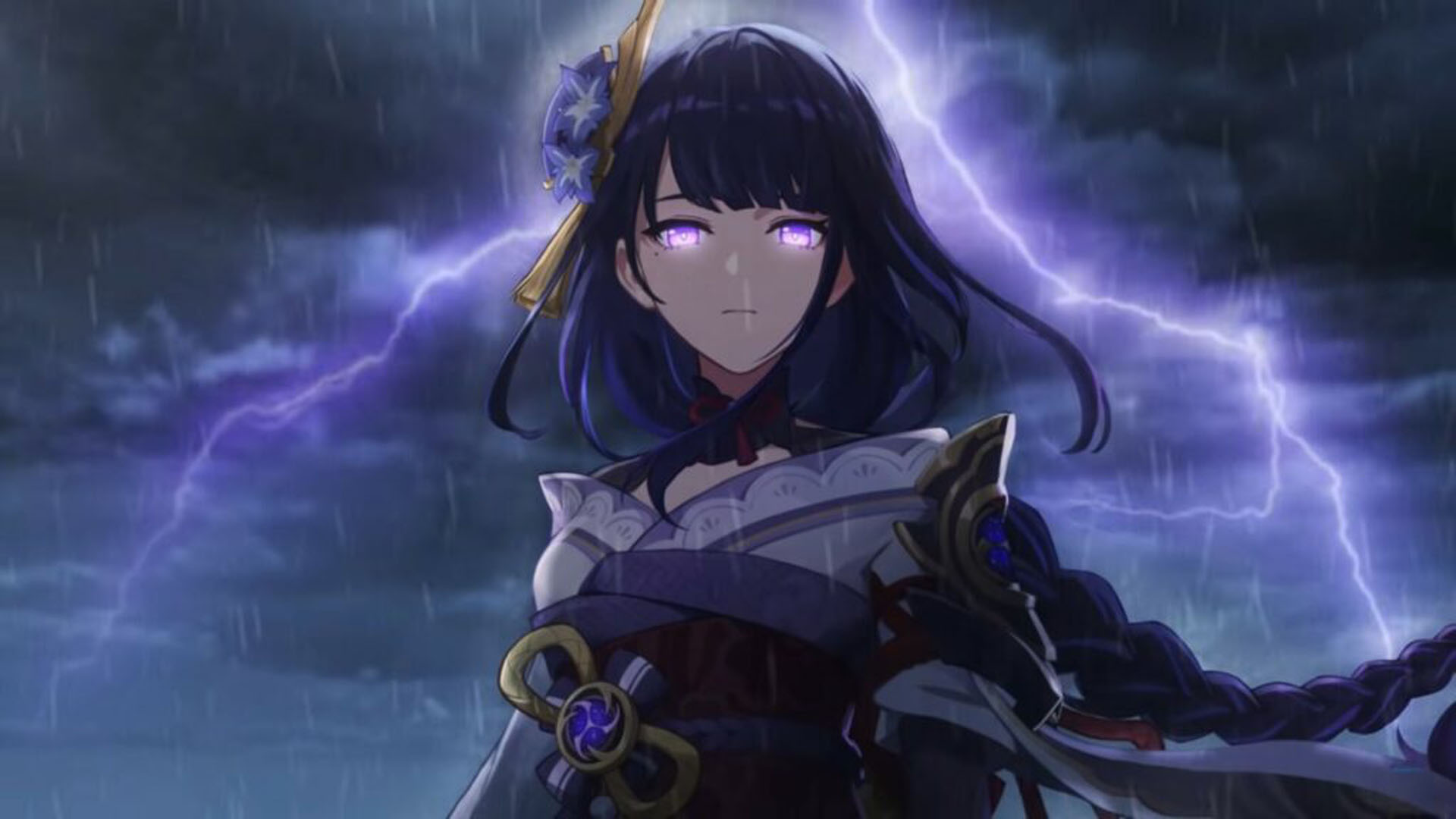 Purple Eyes Shogun In Lightning Sky Wallpaper 2K Baal Raiden Shogun