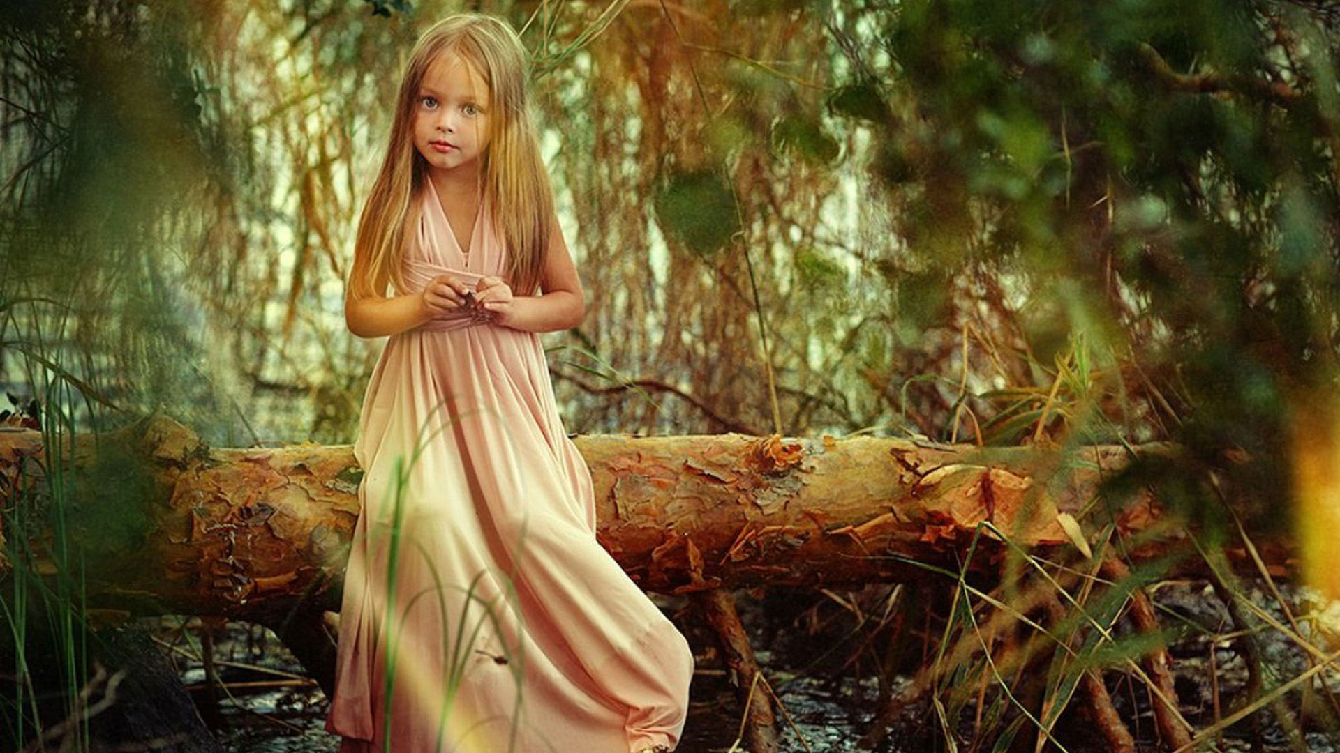 Cute Little Girl Is Sitting On Wood Log Wearing Light Peach Color Dress In Blur Forest Wallpaper 2K Cute
