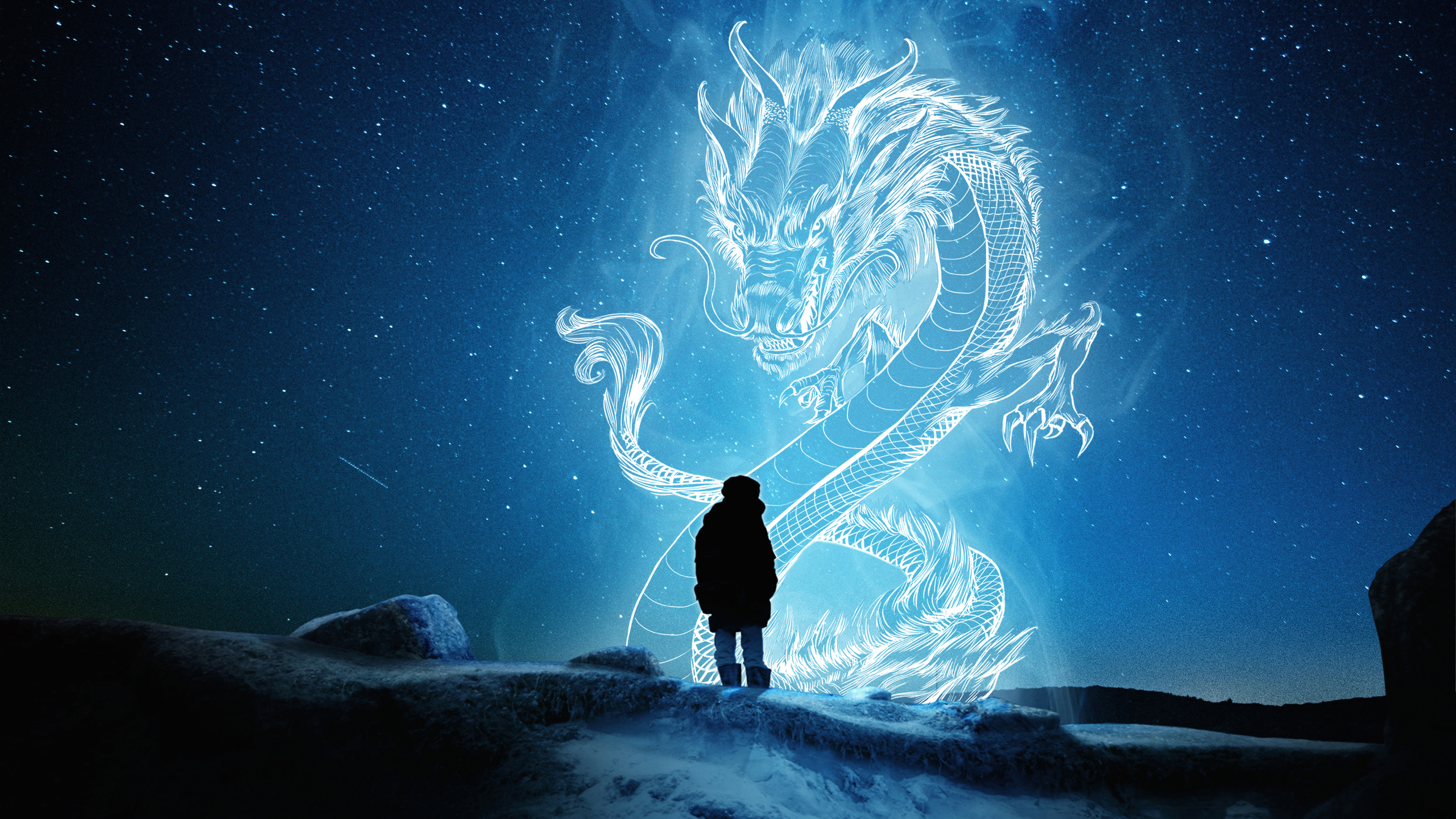 Fantasy Dragon With A Boy In A Sky Star Wallpaper 2K Dreamy