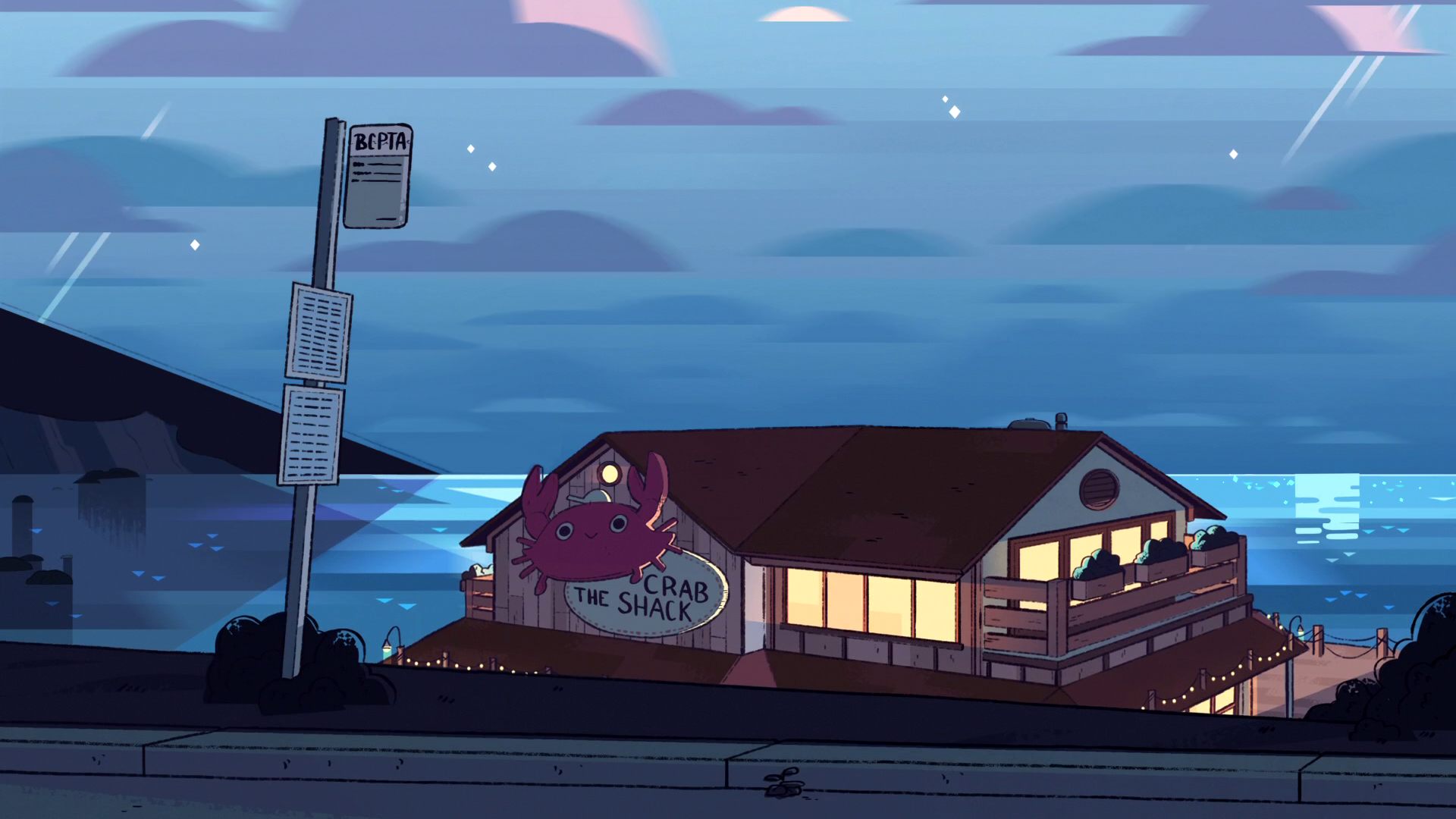 Steven Universe A Restaurant Naming Crab The Shack With Wallpaper Of Water and Blue Sky With Clouds 2K Movies