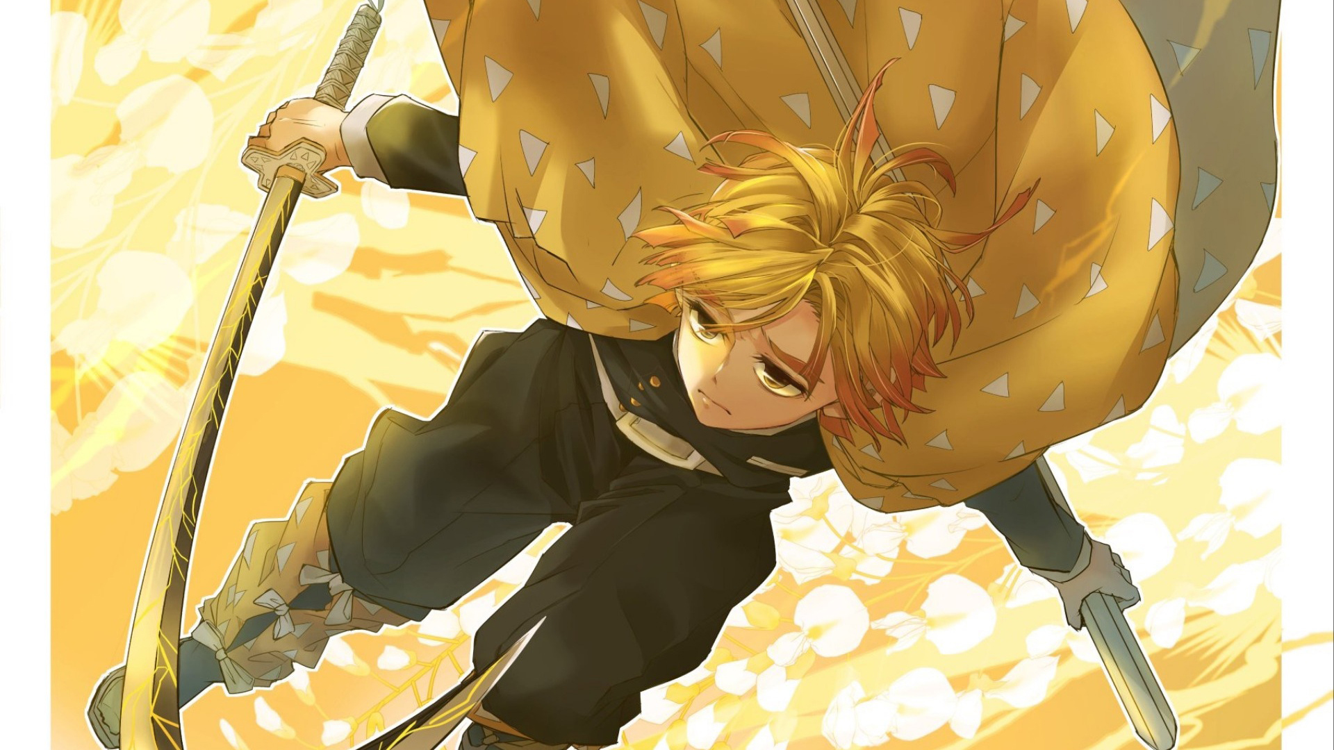 Demon Slayer Zenitsu Agatsuma With Sword And Yellow Scarf On Back With Wallpaper Of Yellow Abstract 2K Anime