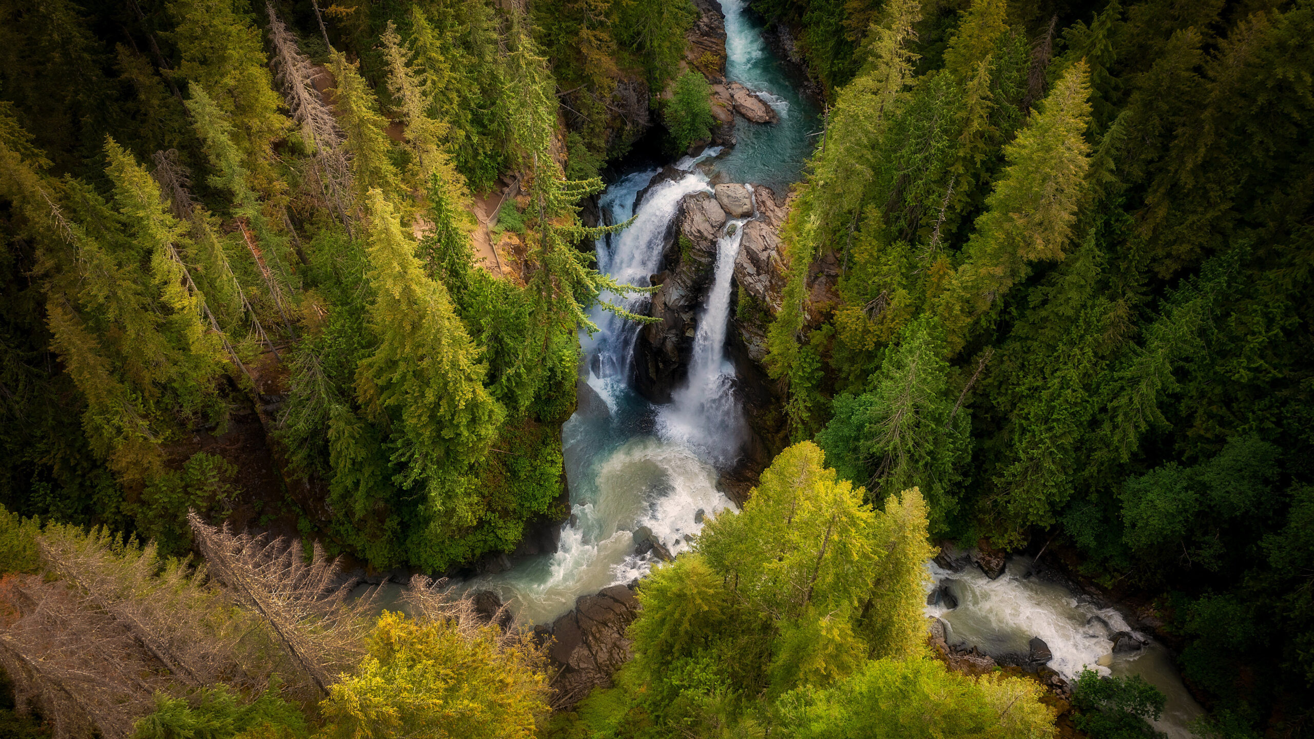 Aerial View Of Waterfall Stream Rocks Green Autumn Fall Trees Forest K 2K Nature