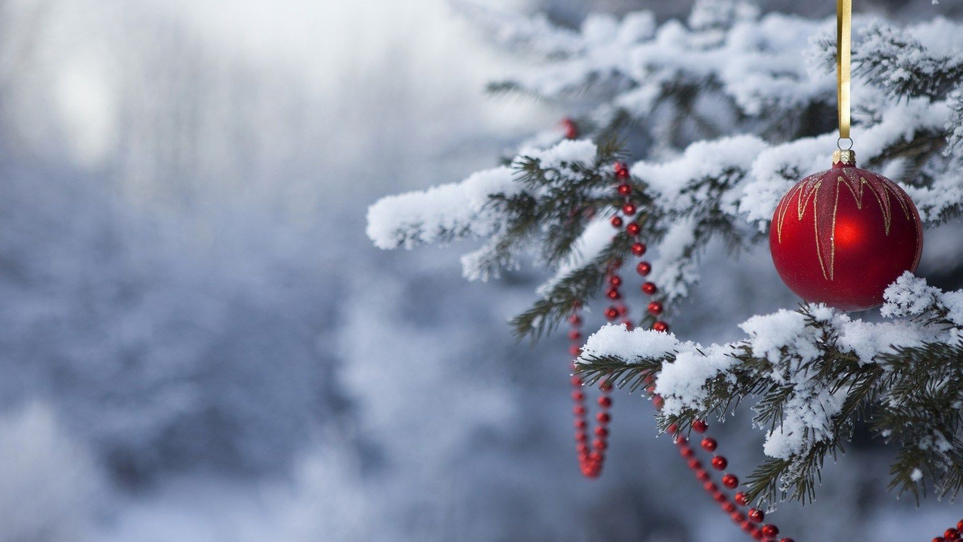 Snow Covered Pine Tree With Red Christmas Ball 2K Christmas