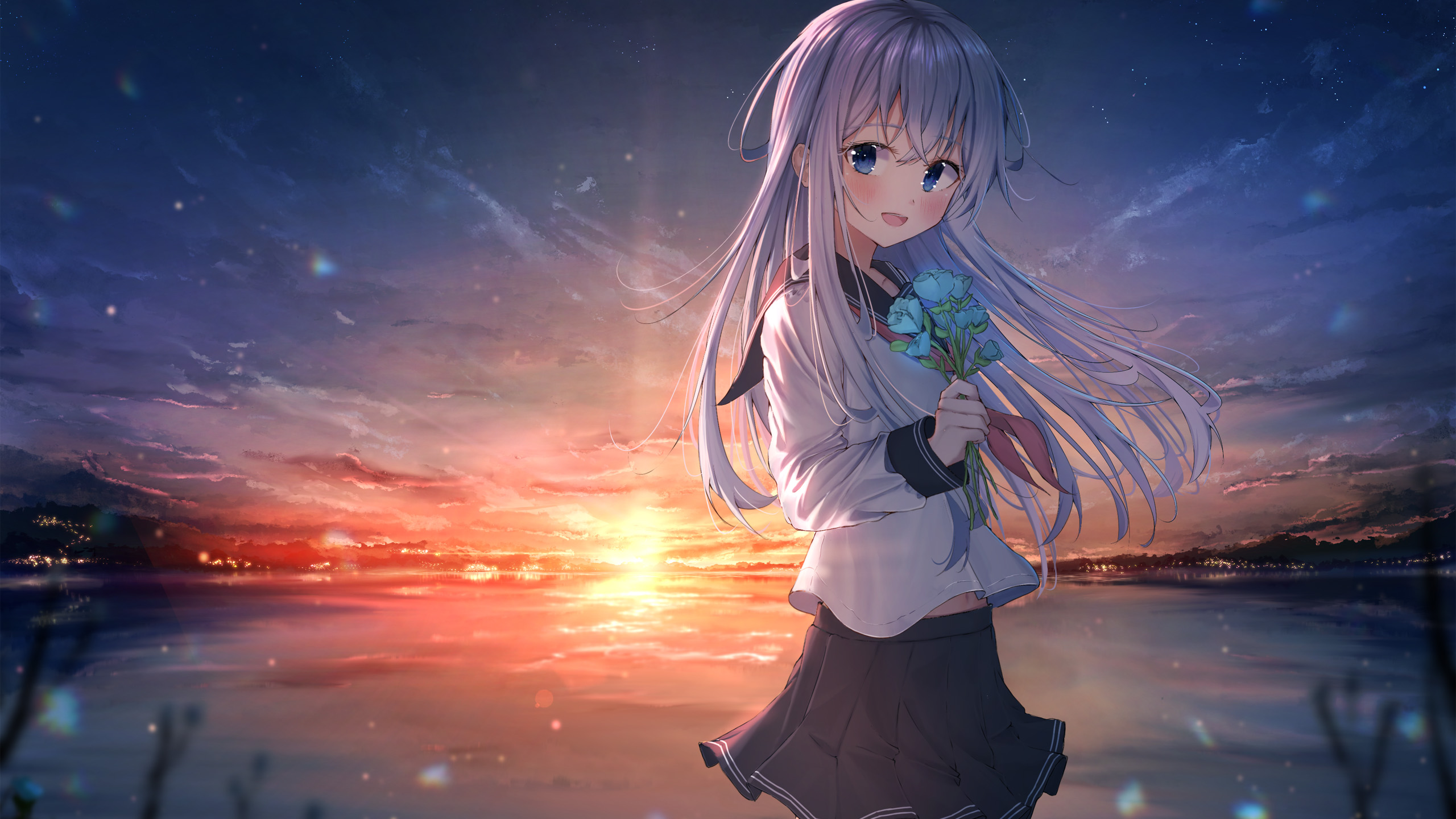 Blue Eyes White Long Hair With Flower Wearing Uniform Sunset Wallpaper 2K Anime Girl