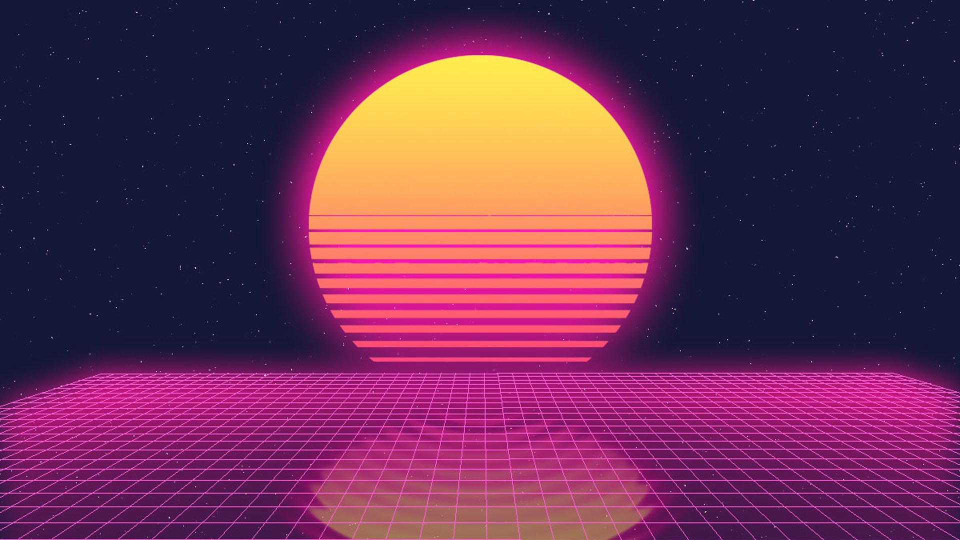 Yellow Pink Lines Moon In Starry Black Sky Wallpaper 2K Synthwave