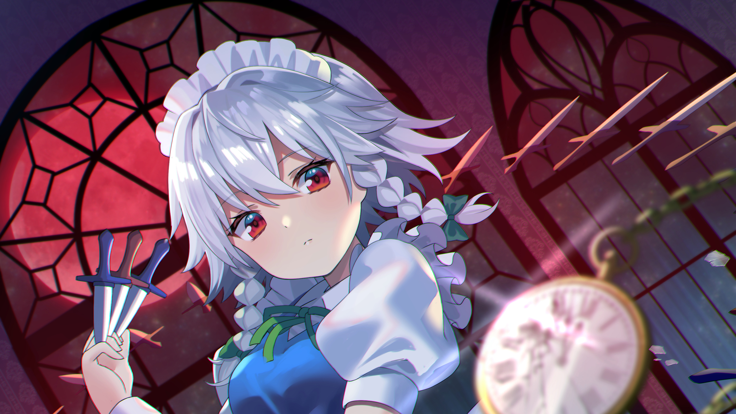 Red Eyes White Hair Anime Girl In Blue White Dress 2K Anime Girl