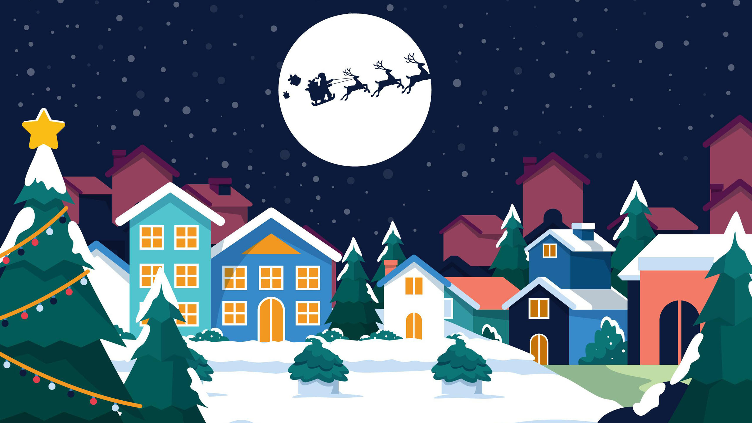 Houses Christmas Trees Santa Claus Reindeer Moon Sky Wallpaper 2K Christmas