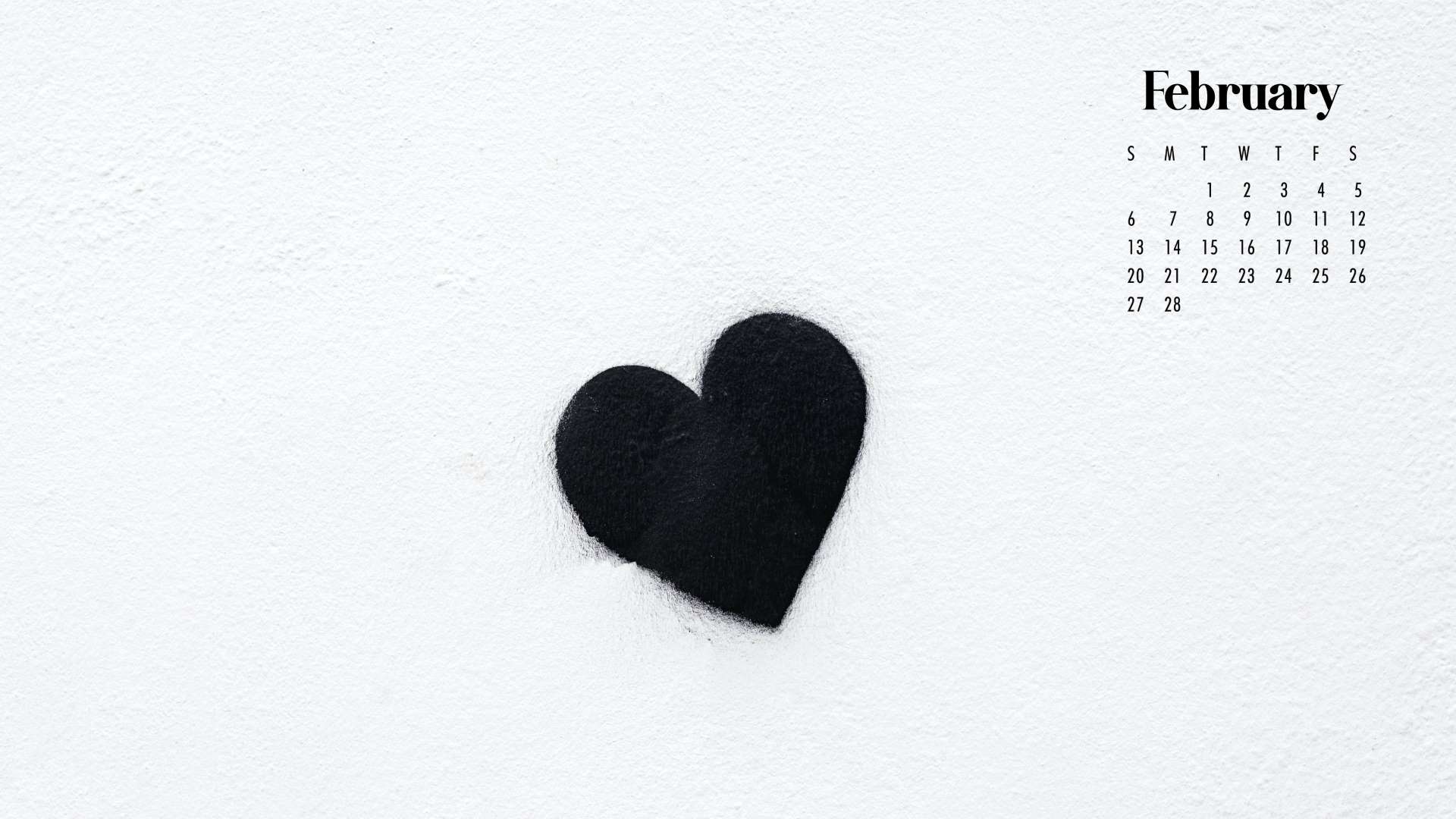 Black Heart February Calendar White Wallpaper 2K February