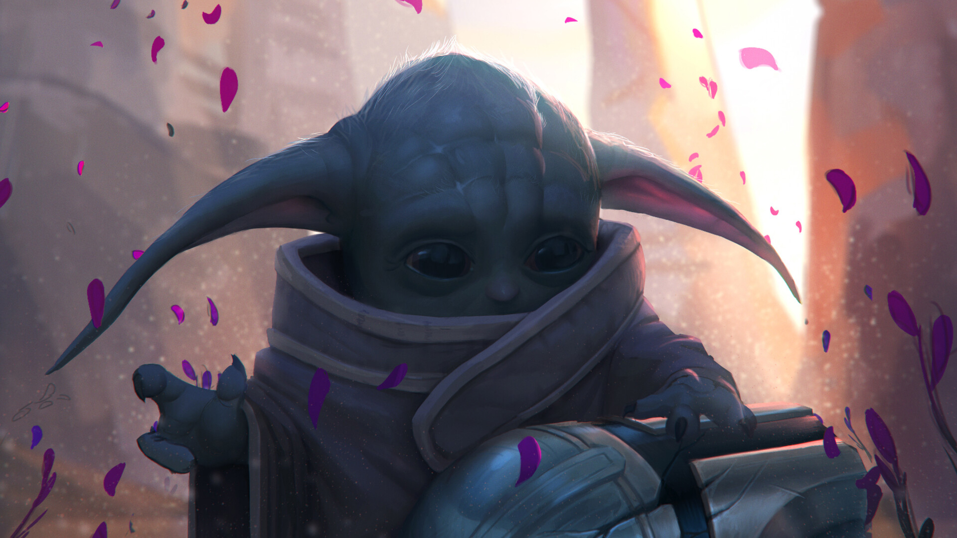 Baby Yoda Black Baby Yoda Having Star Wars Helmet With Falling Purple Flower Petals 2K Movies