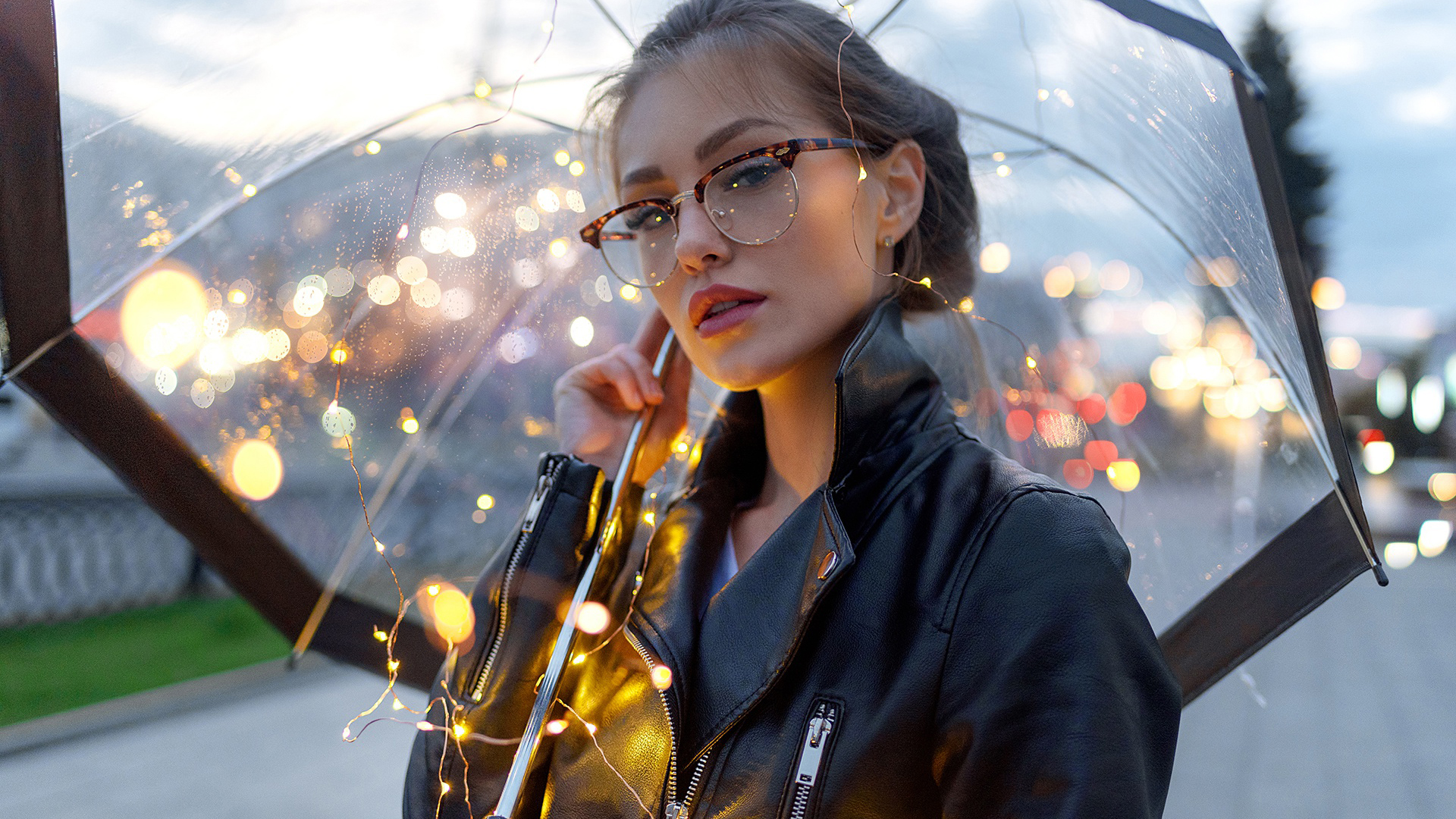 Girl Model With Black Leather Coat And A Glass Is Having Umbrella 2K Model