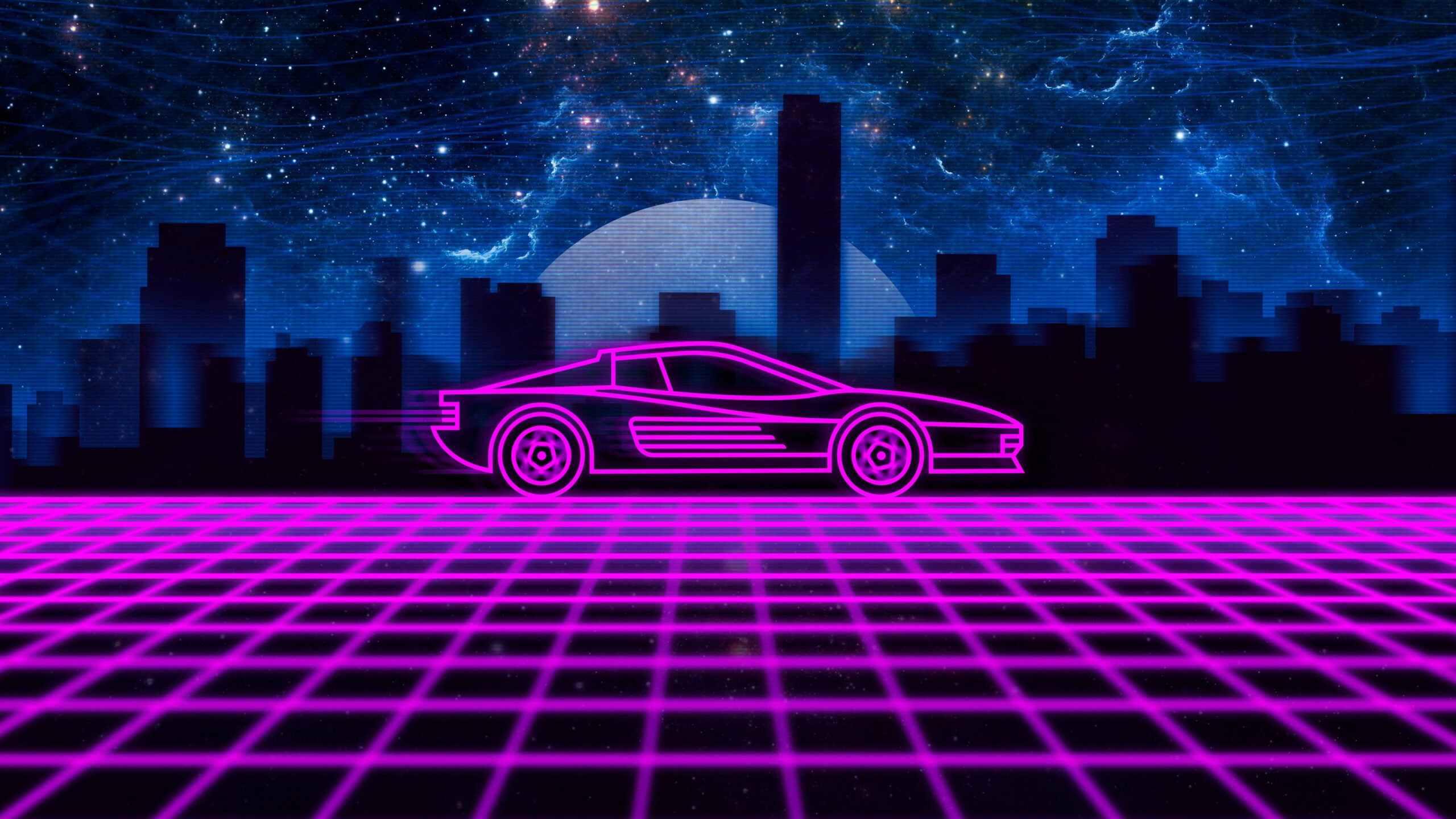Ferrari Testarossa With Retrowave In Wallpaper Of High Rising Buildings Shadow And Sky With Stars K 2K Vaporwave
