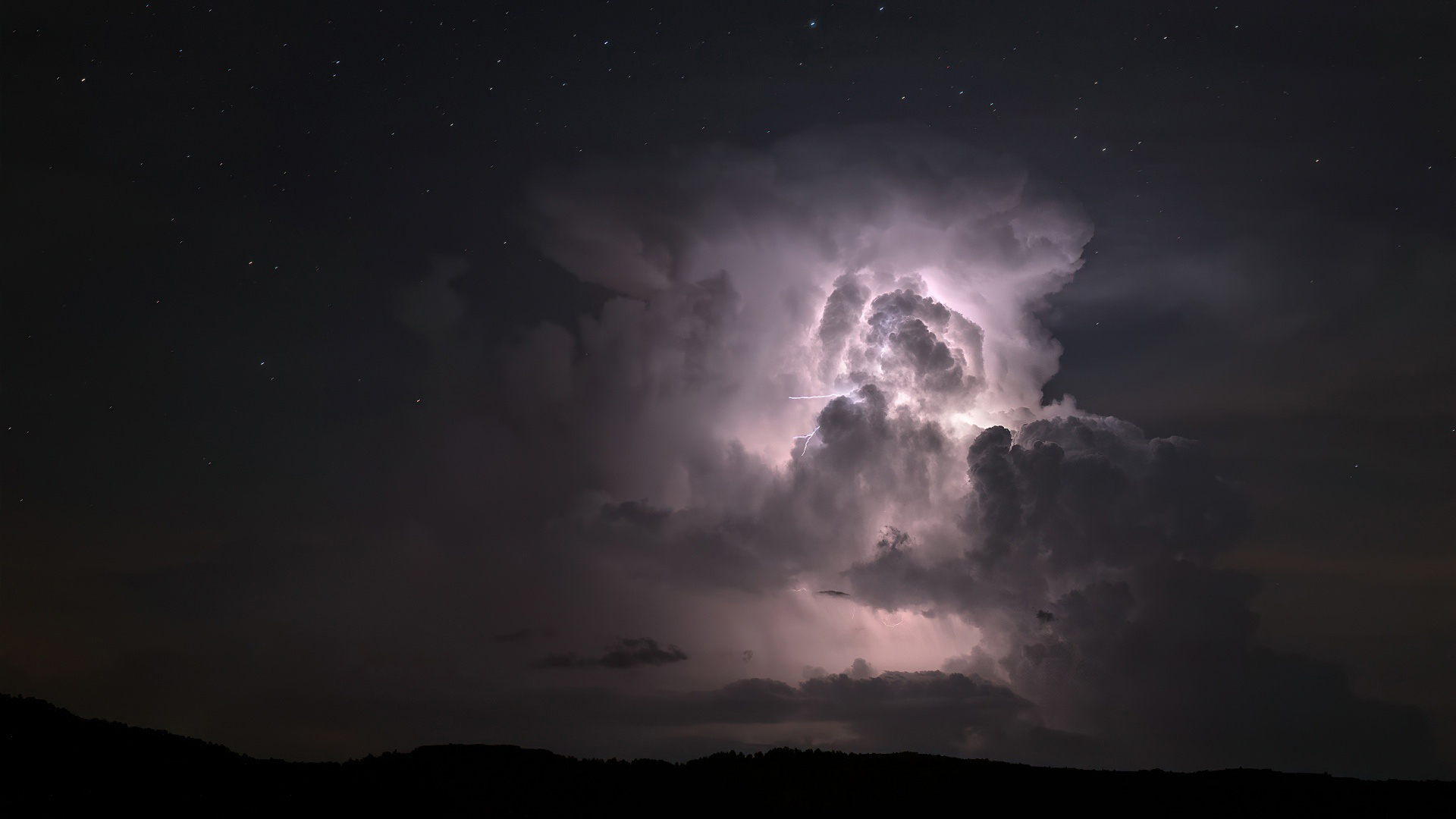 Storm Cloud Starry Sky Trees Mountains During Nighttime 2K Nature