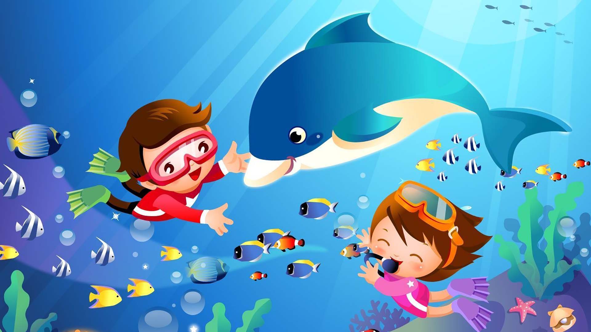 Kids Are Swimming With Dolphin Underwater 2K Kids