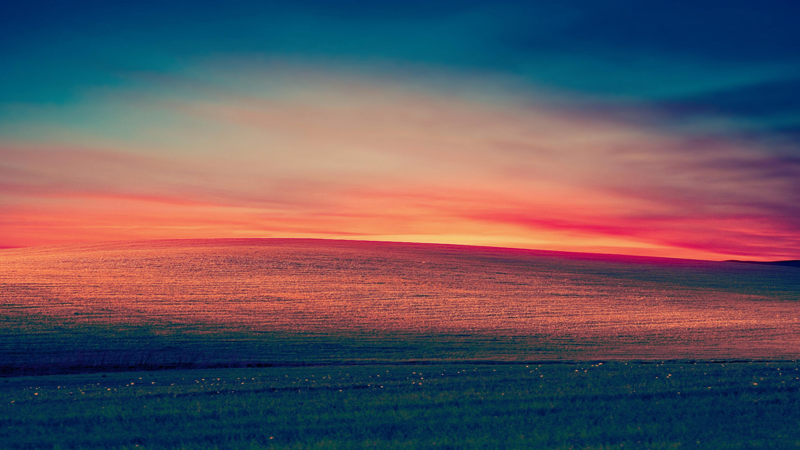 Landscape With Green Grass In Wallpaper Of Blue And Red Sky During Sunset K 2K Nature