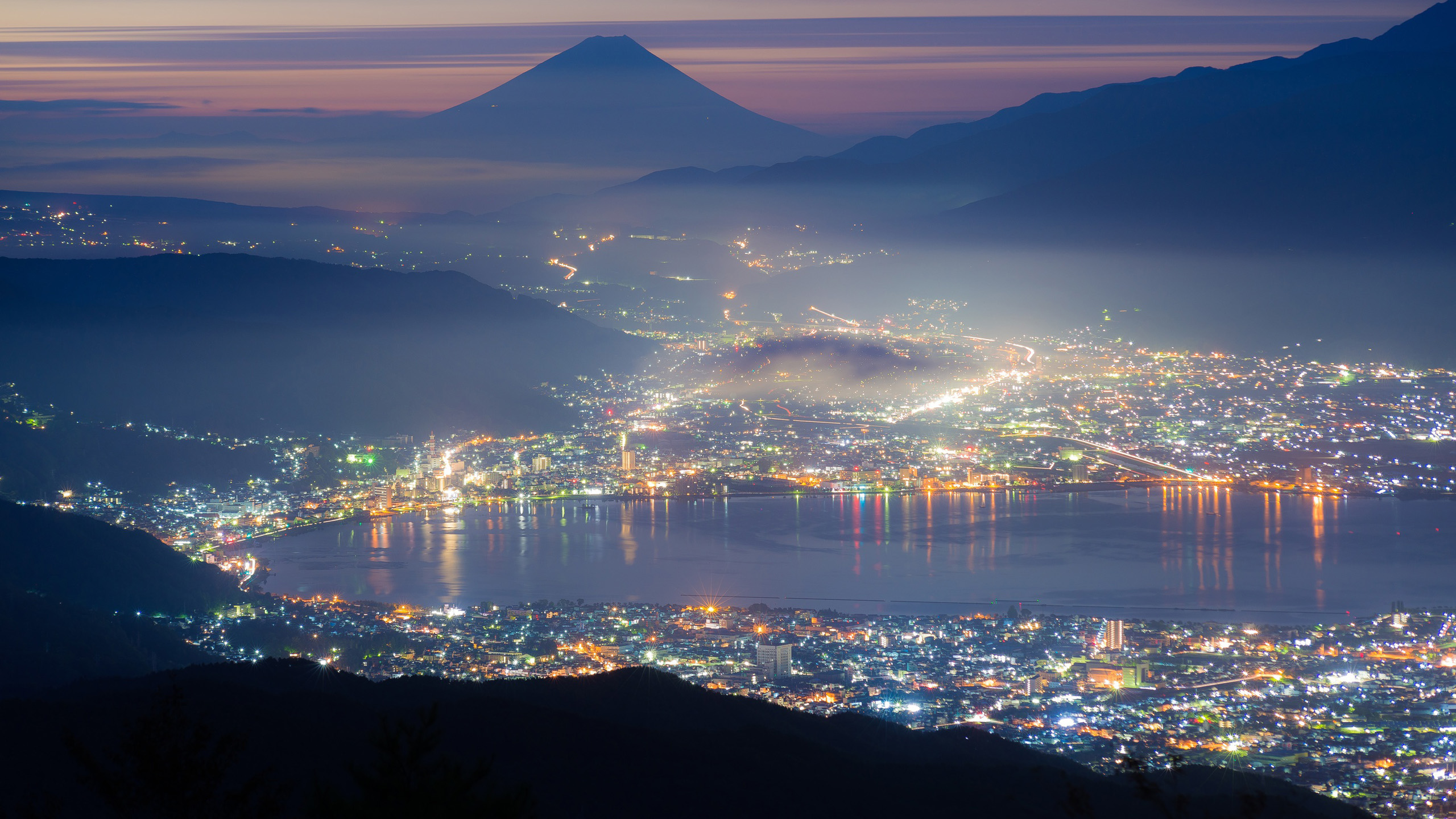 Mount Fuji City View Buildings Colorful Lights 2K Nature