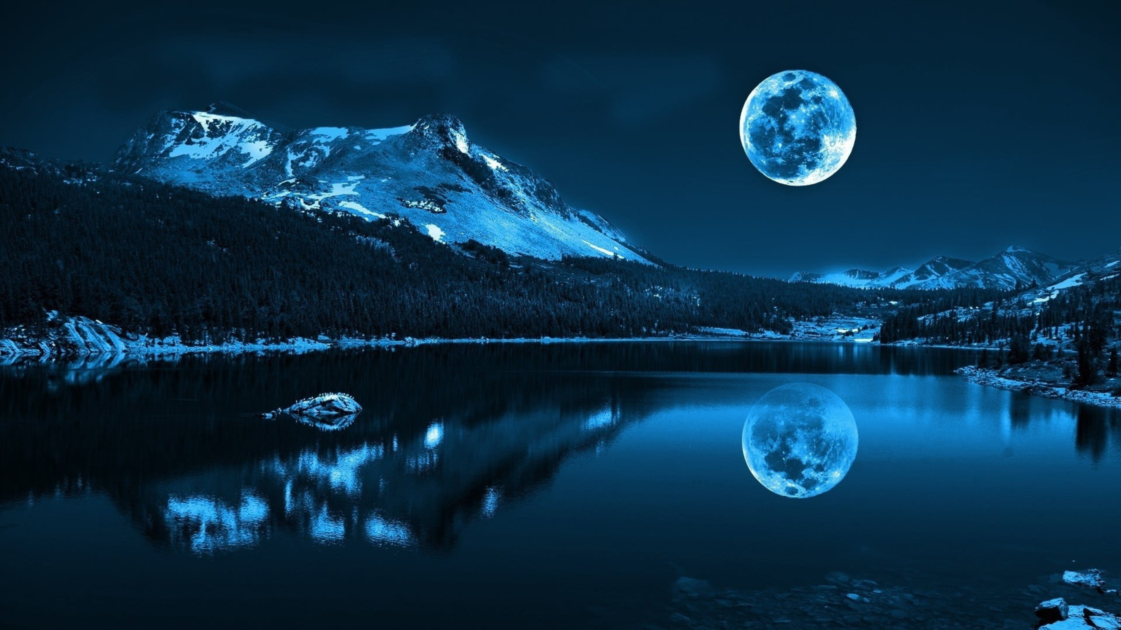Snowy Mountain With Reflection On Body Of Water Under Full Moon K 2K Nature