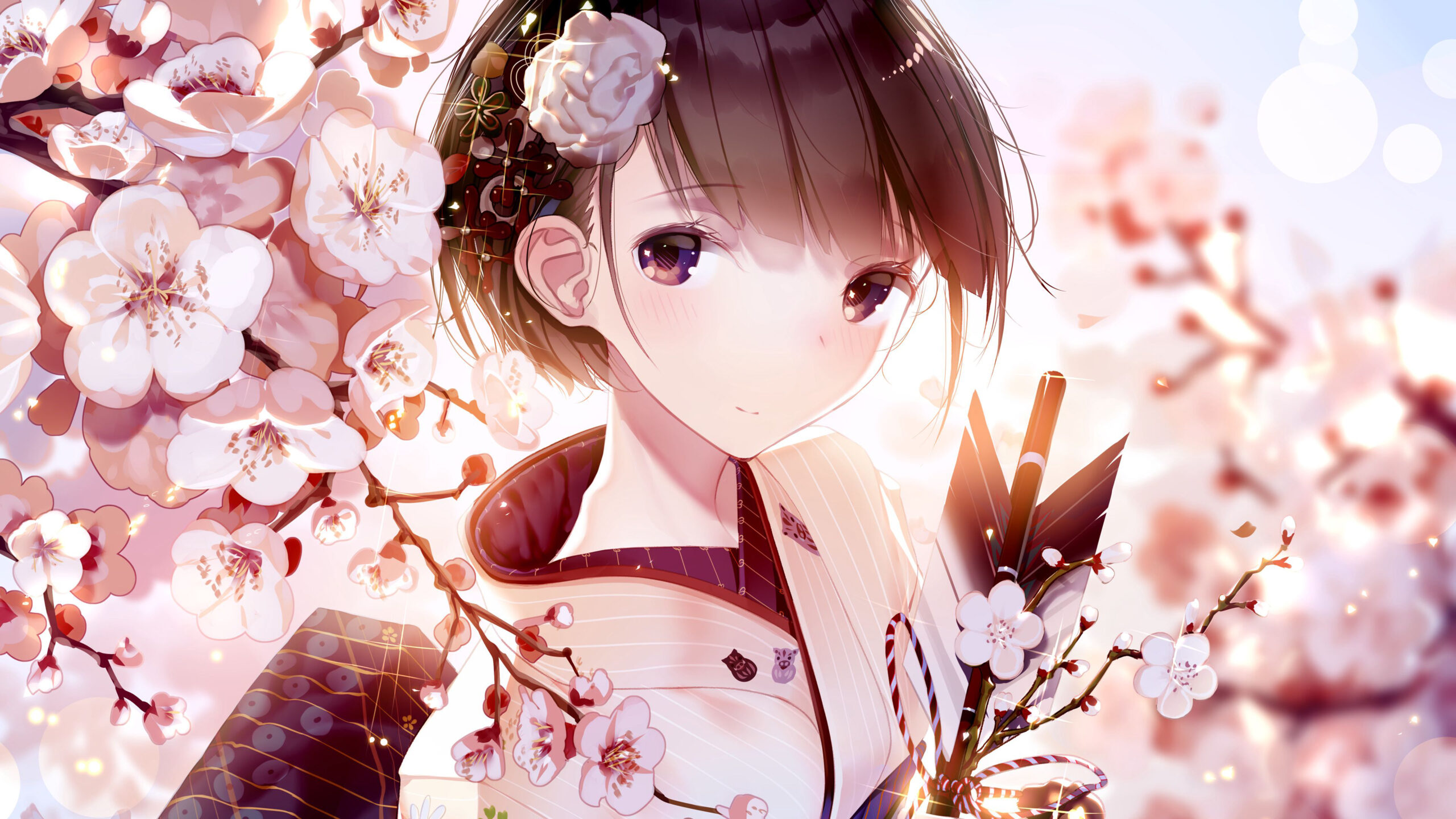 Anime Girl Kimono Glance Blossom Flowers K 2K Anime Girl