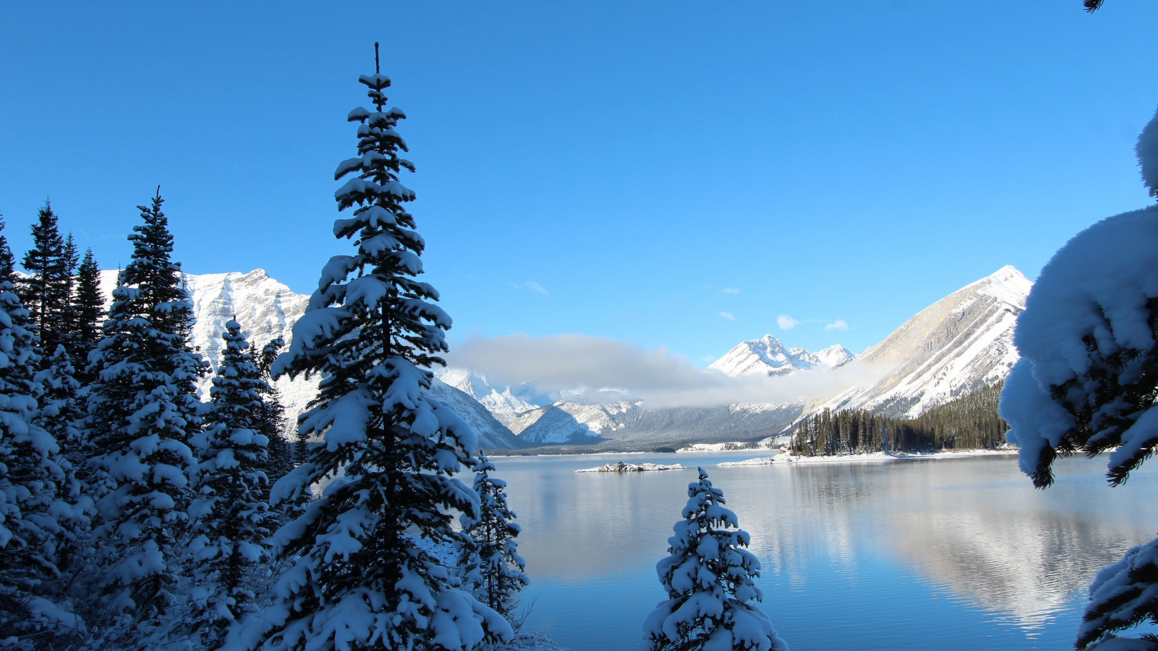 Lake Between Snow Covered Trees And Mountains K 2K Nature