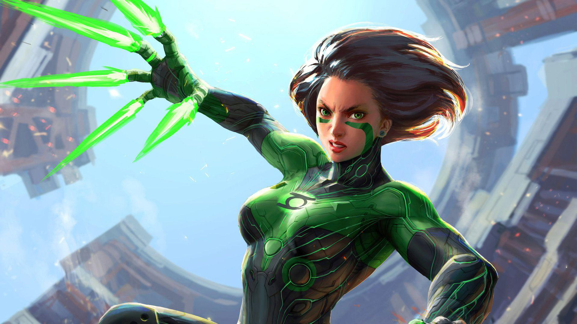 Alita battle angel alita with green fire on fingers around buildings with Wallpaper of blue sky 2K movies