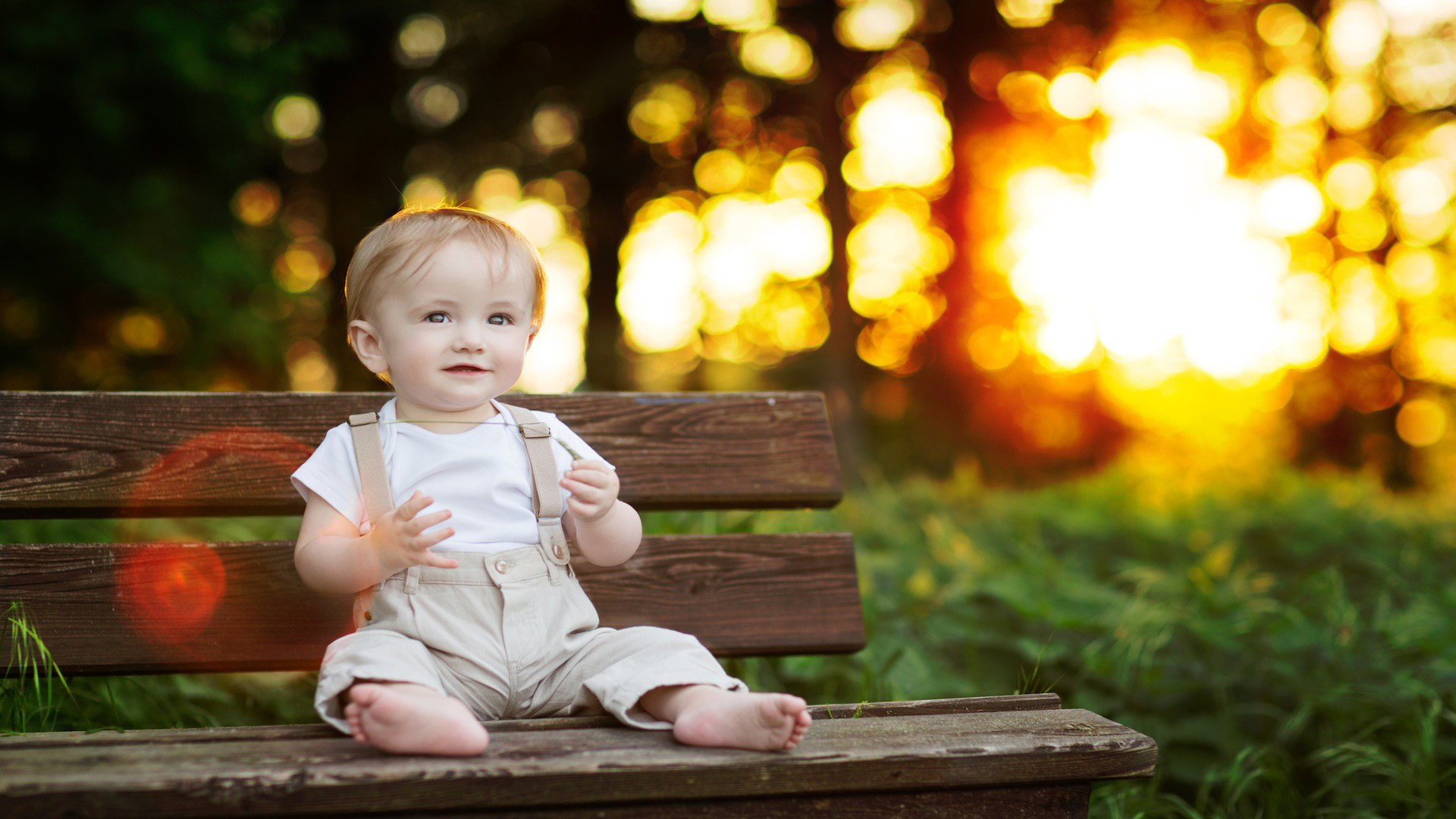 Cute Baby Boy Is Sitting On Wooden Bench Wearing White Dress In Blur Bokeh Wallpaper 2K Cute
