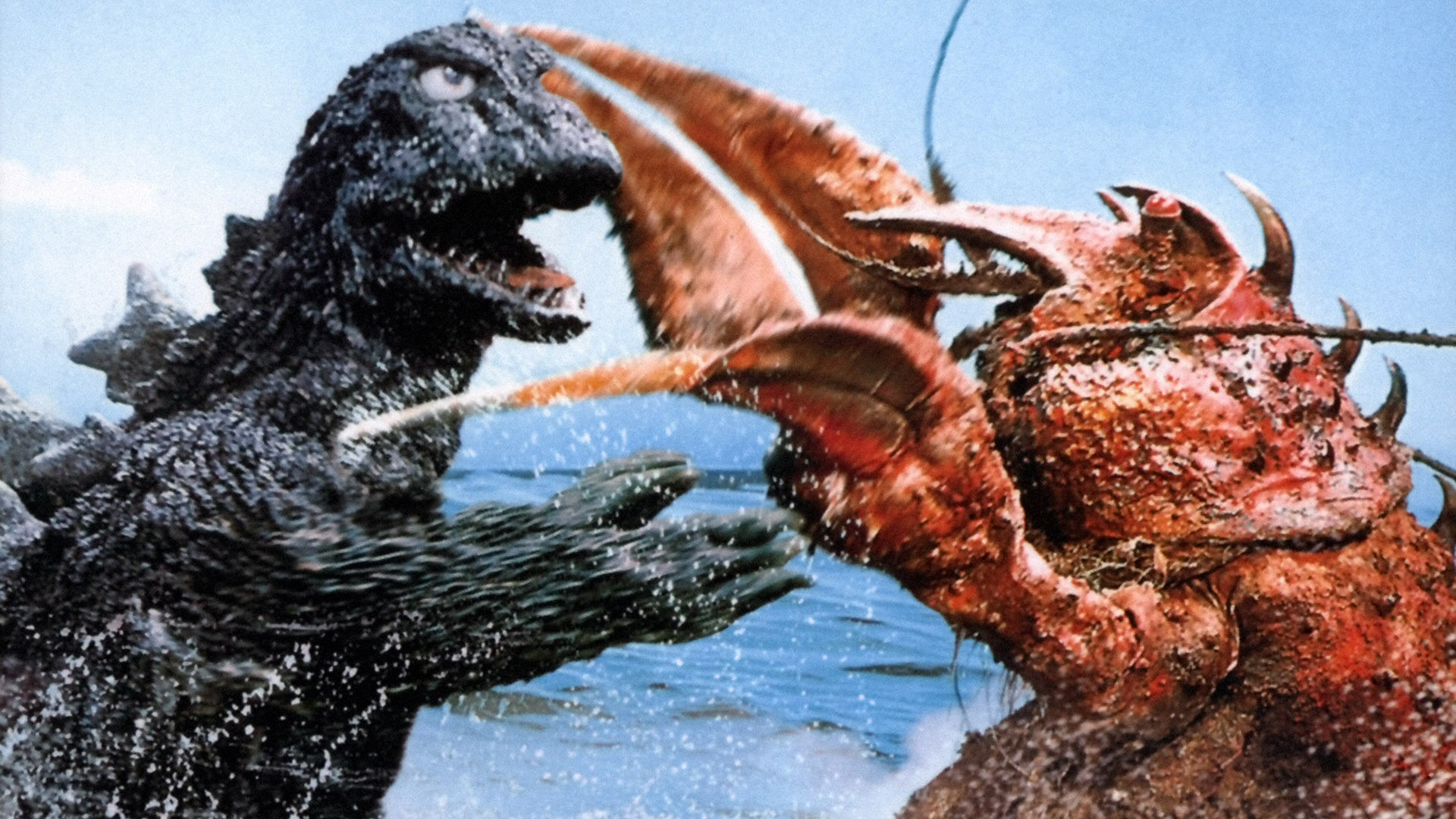 Black Godzilla Fighting With Sea Monster On Ocean With Blue Sky Wallpaper 2K Movies