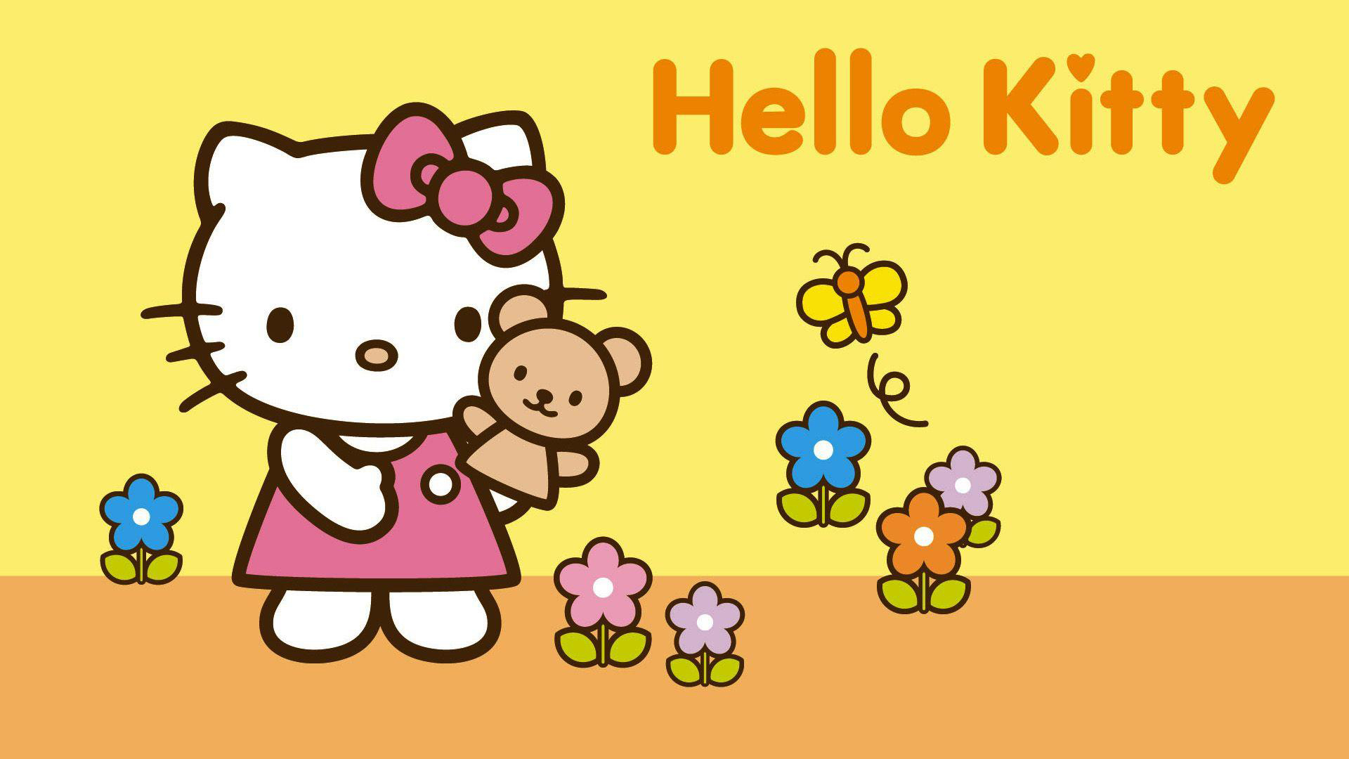Hello Kitty With Teddy Toy And Flowers In Yellow Wallpaper 2K Hello Kitty