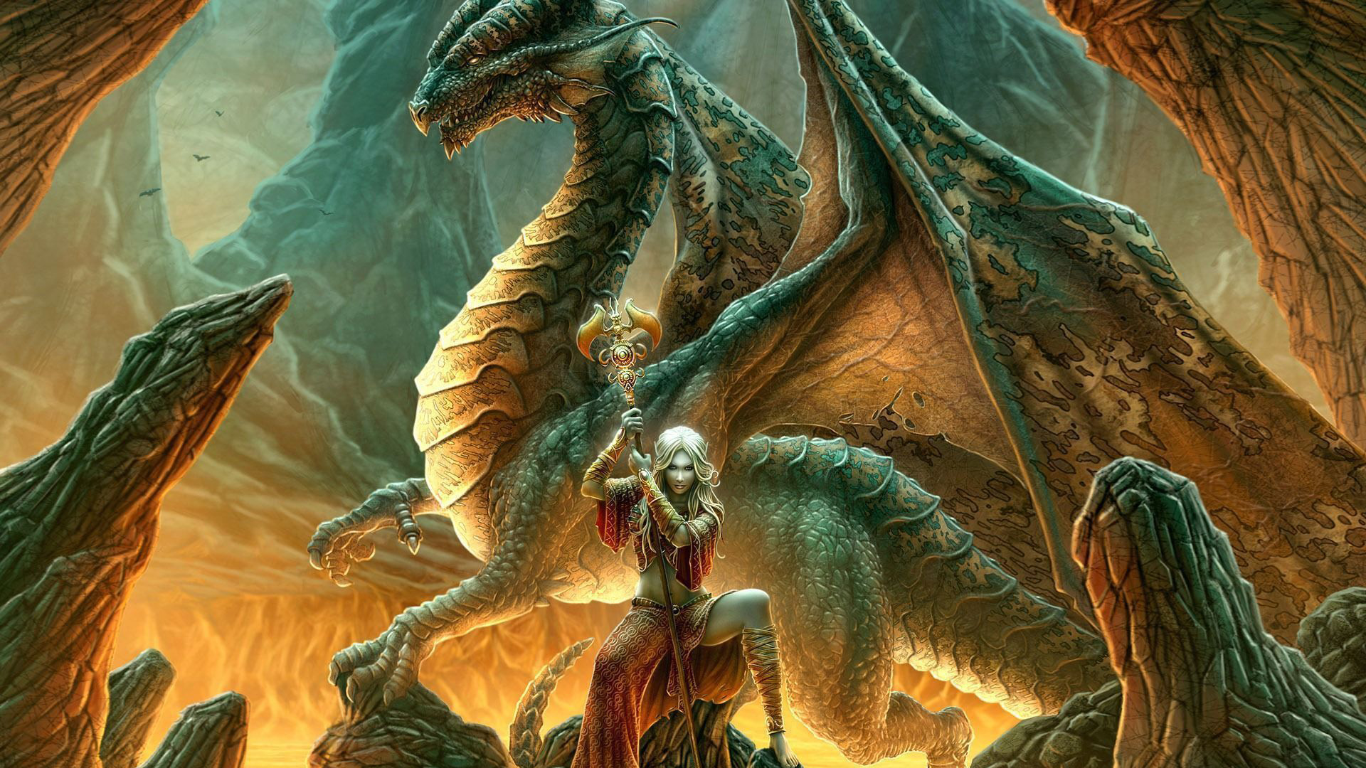 Woman With Trident Sitting In Dragon Wallpaper 2K Dragon