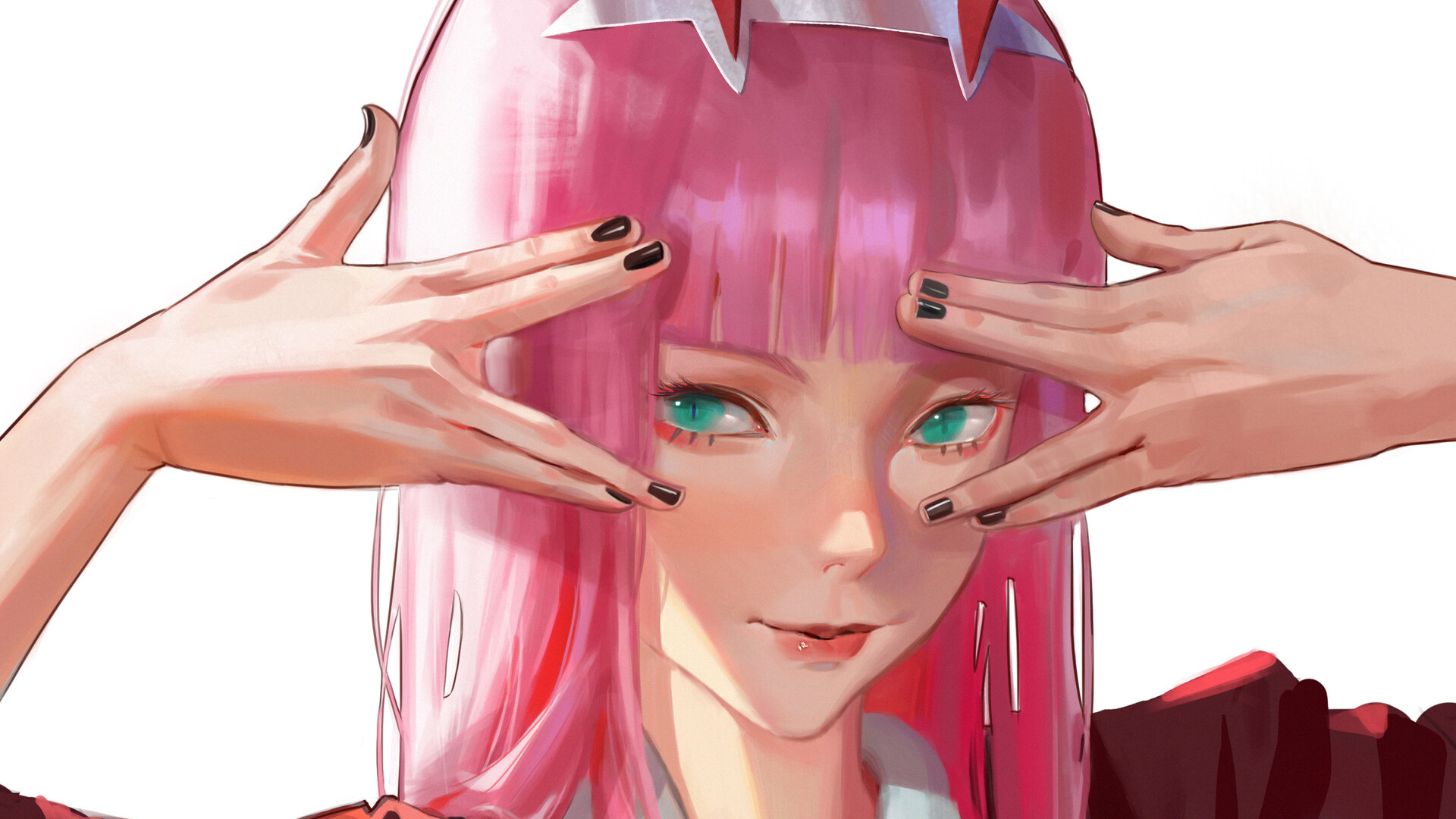 Darling in the franxx zero two with pink hair green eyes with white Wallpaper 2K anime