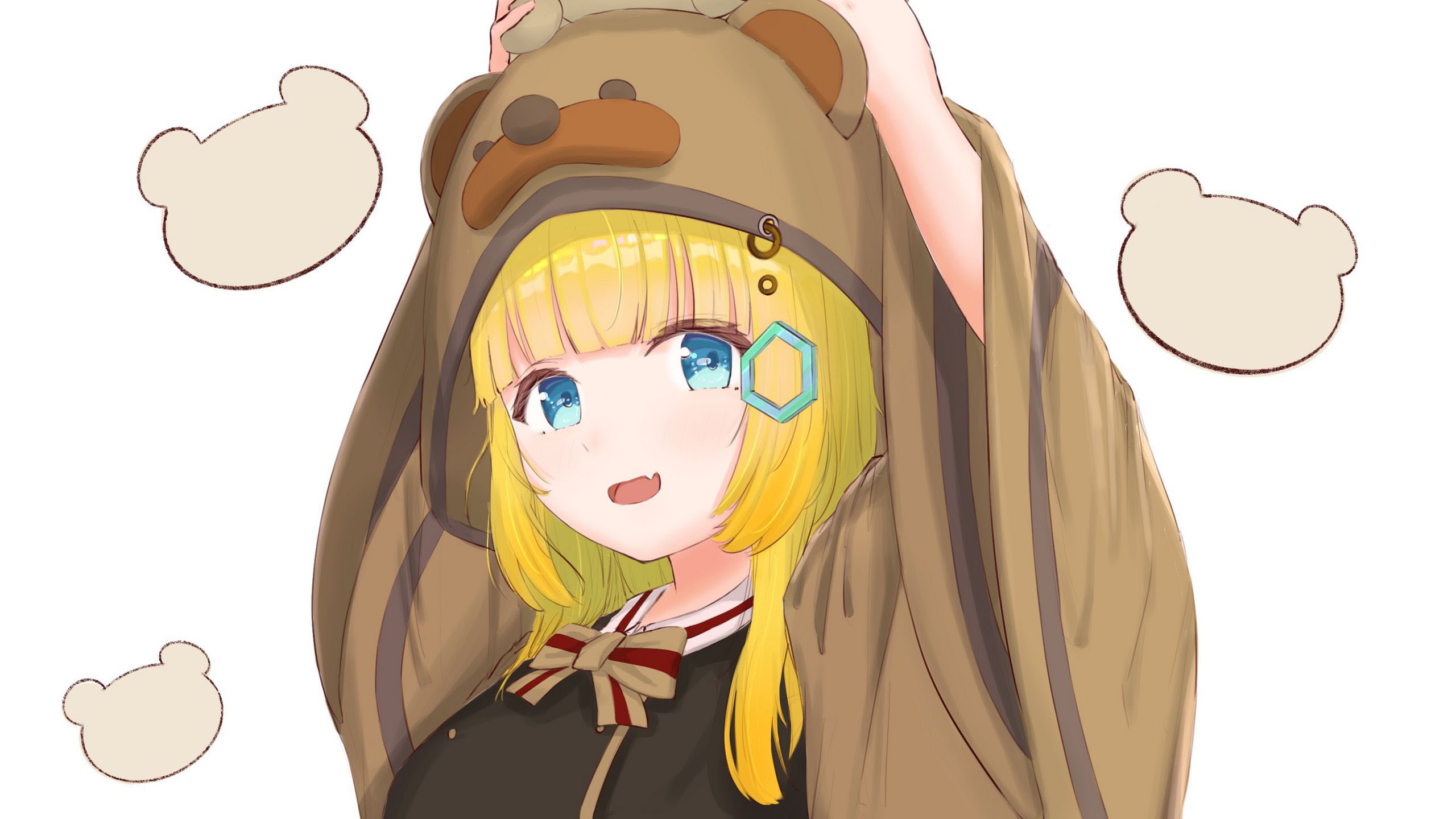 Anime Girl Yellow Hair Bear Cub Toy Black Dress 2K Anime Girl