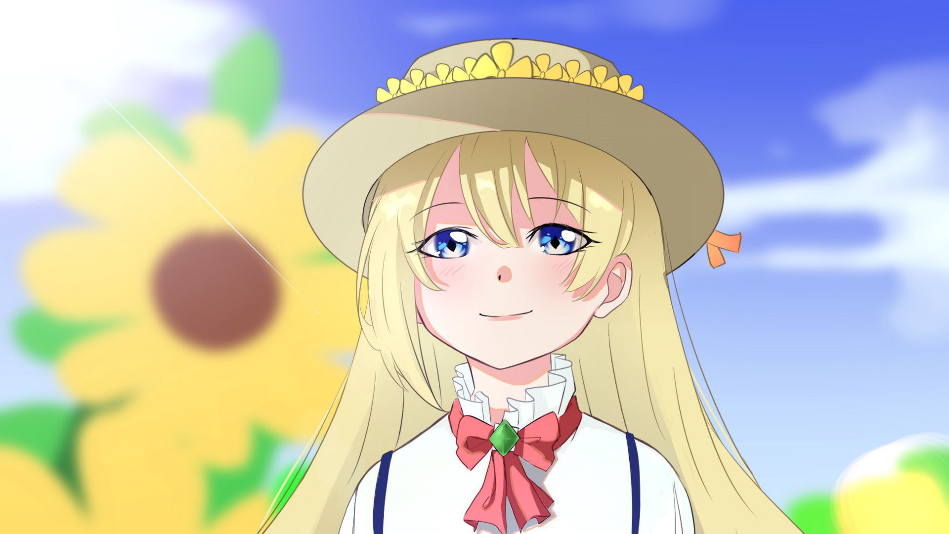 Blue Eyes White Long Hair Anime Girl Hat Yellow Flowers Wallpaper 2K Anime Girl