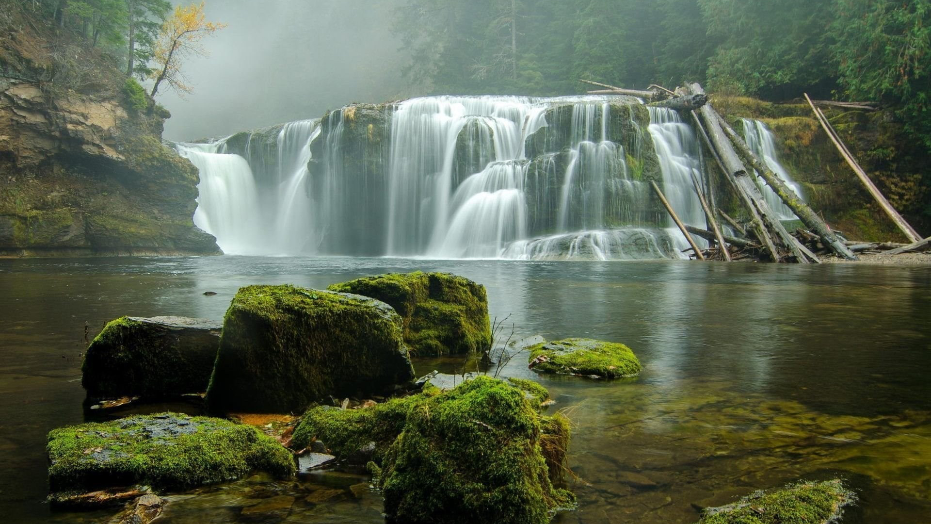 Beautiful Waterfalls Algae Covered Rocks River Forest Wallpaper 2K Nature