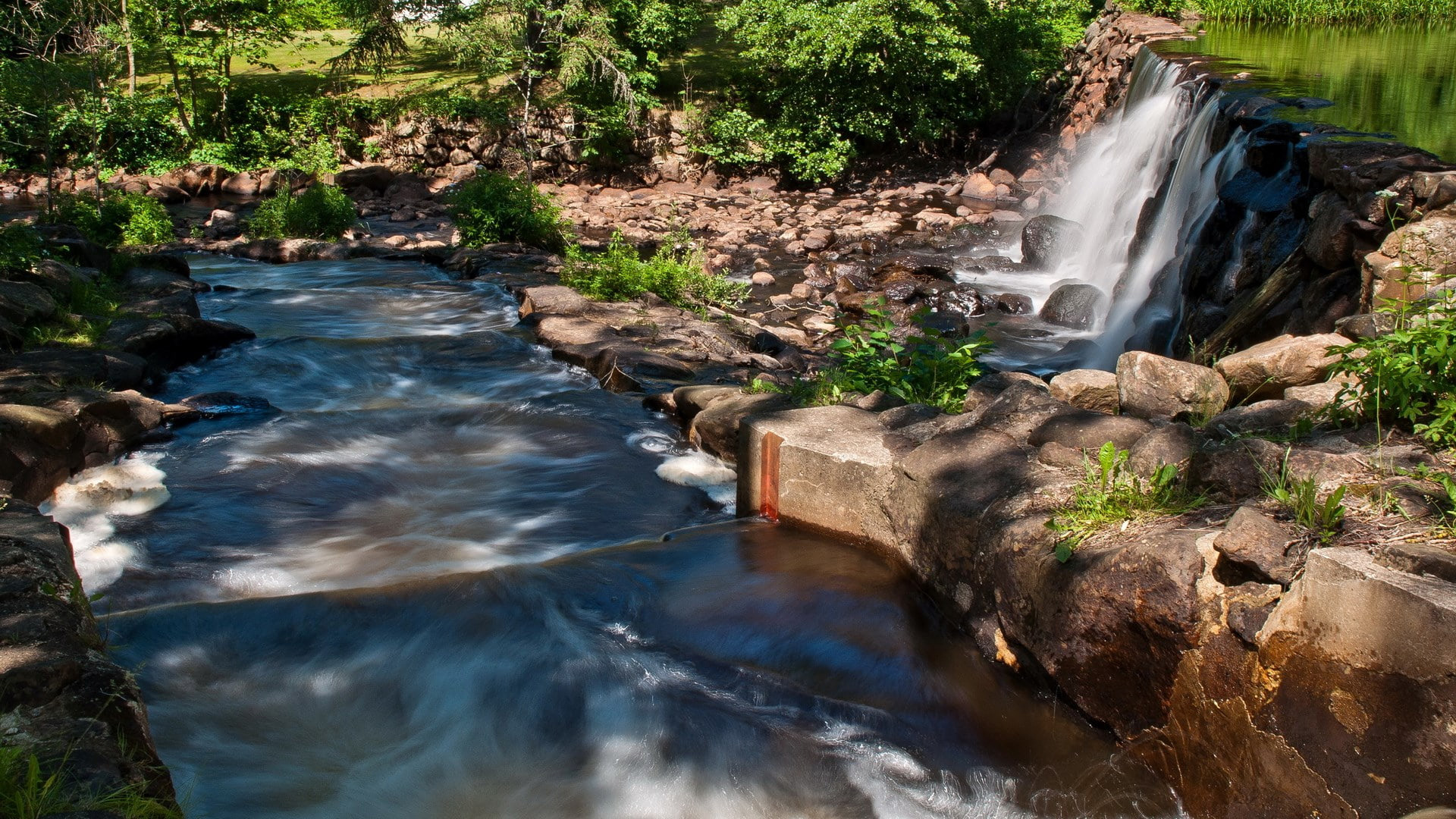 Rocks Stones Waterfalls Green Trees Plants Bushes 2K Nature