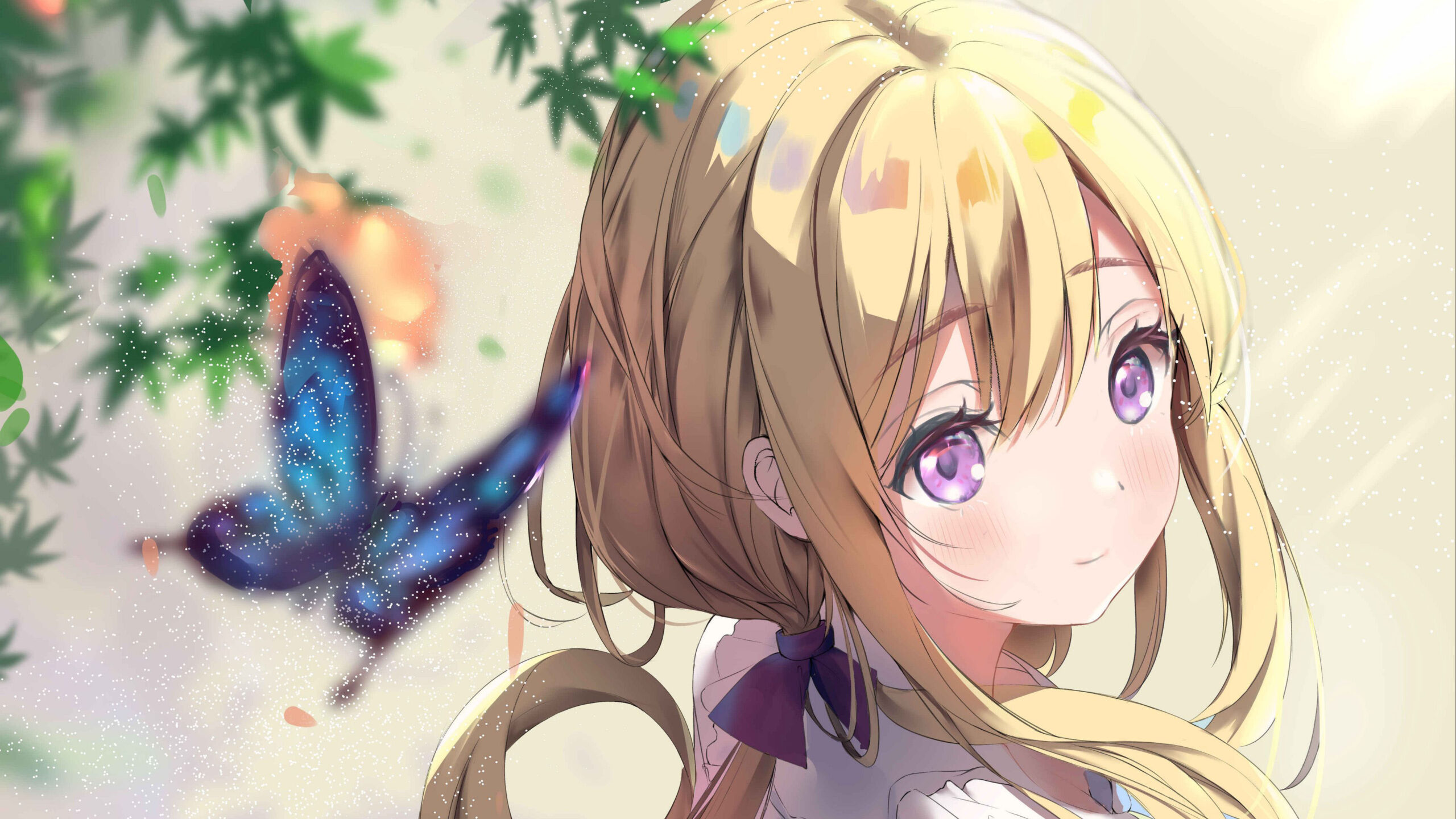 Anime Girl Purple Eyes White Hair Butterfly Glance K 2K Anime Girl