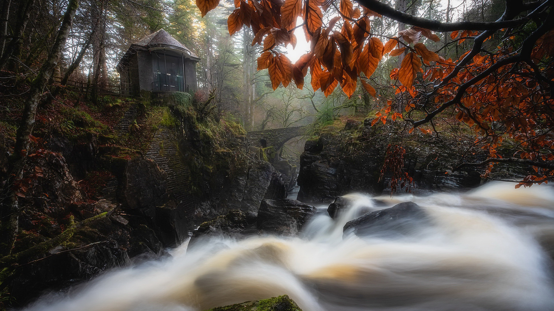 Bridge Fall Scotland Stream Waterfall 2K Nature