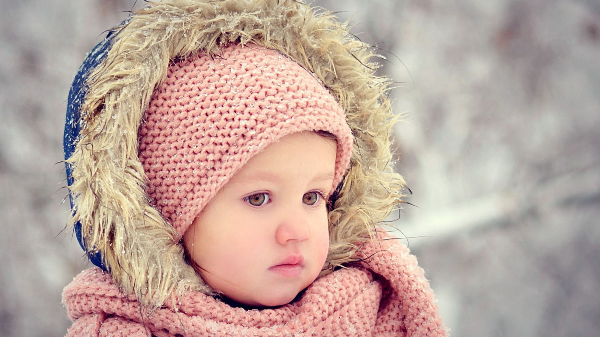 Cute Baby Girl In Blur Wallpaper Wearing Woolen Netted Dress And Muffler 2K Cute