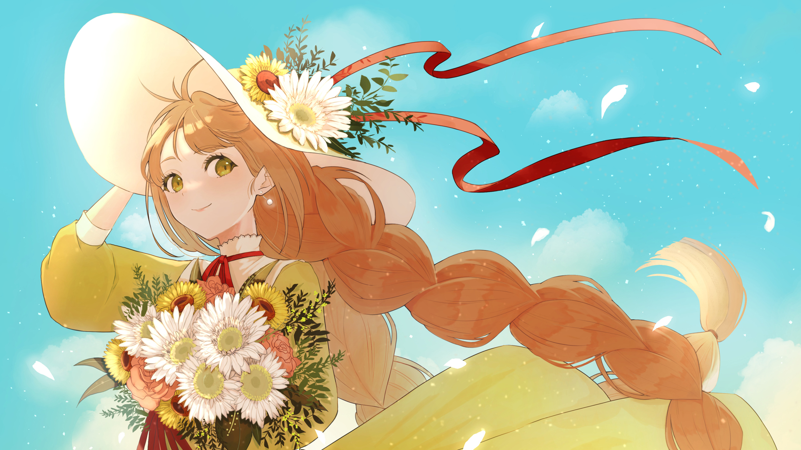 Braid Long Hair Anime Girl Flowers Blue Sky 2K Anime Girl