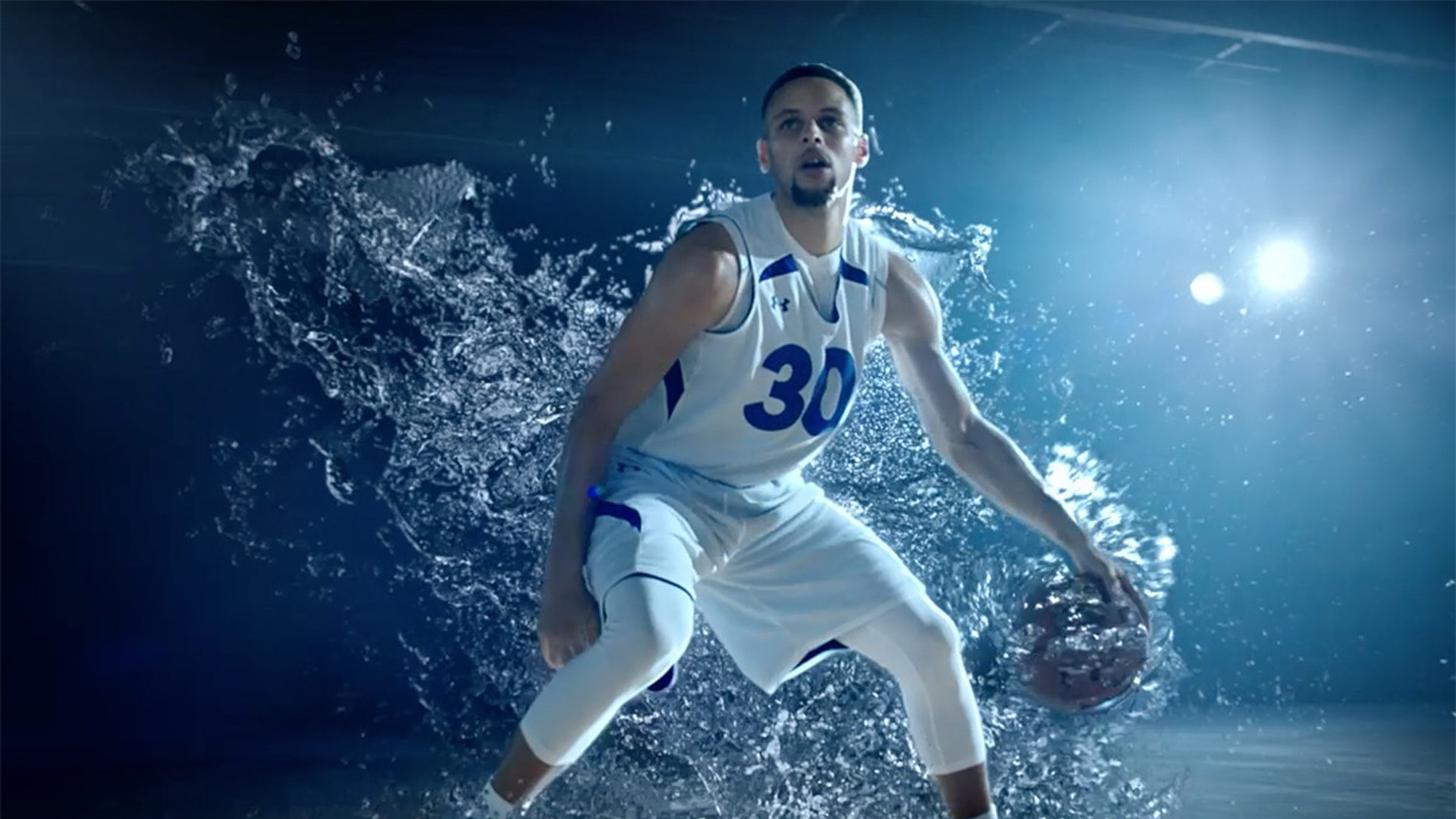 Stephen Curry Is Standing In Water Splash Wallpaper Wearing White Sports Dress 2K Stephen Curry