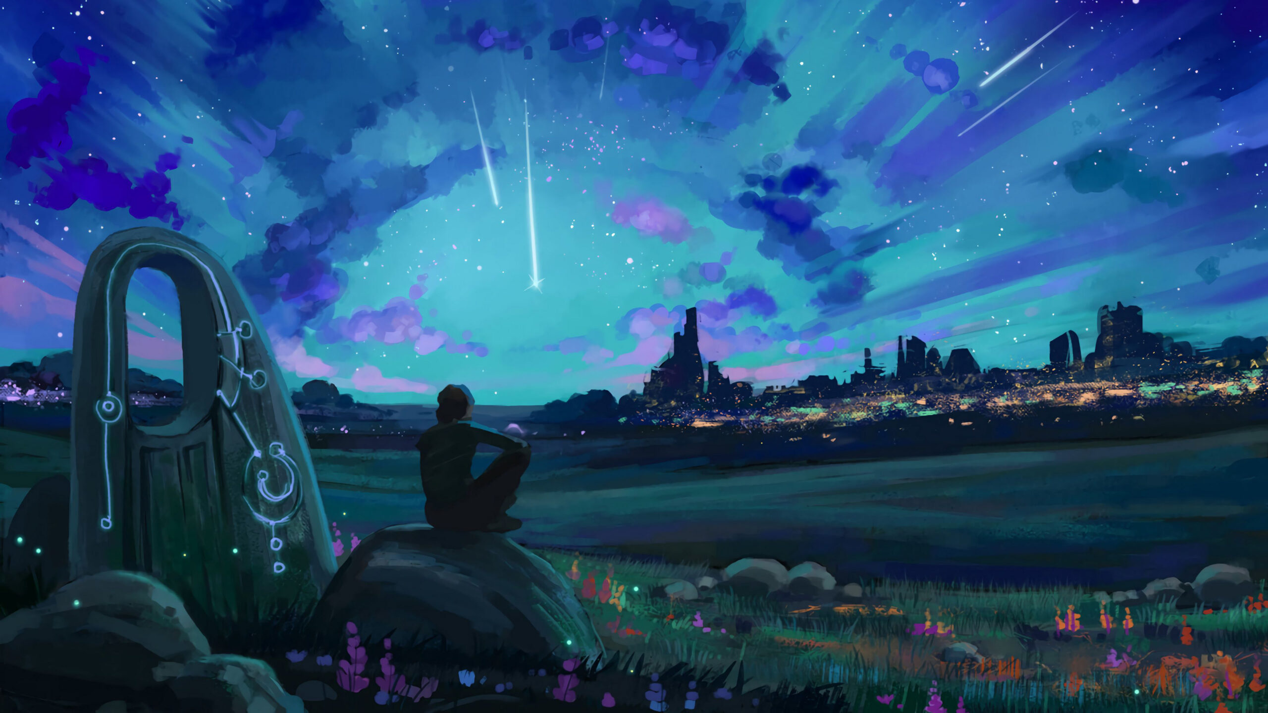 Anime Silhouette Starfall Landscape K 2K Anime Nature