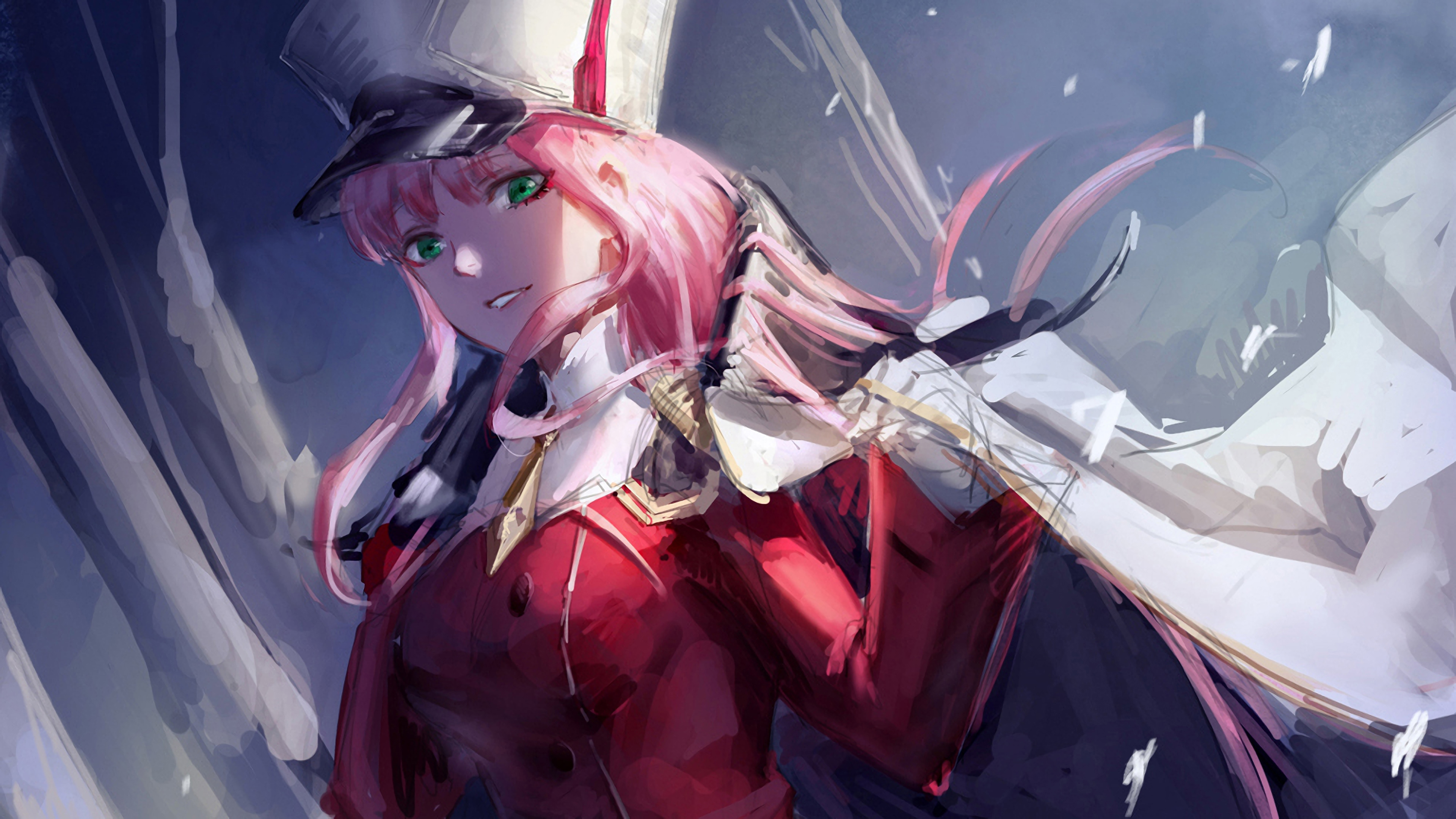 Darling in the franxx zero two with hat with Wallpaper of gray and blue k 2K anime