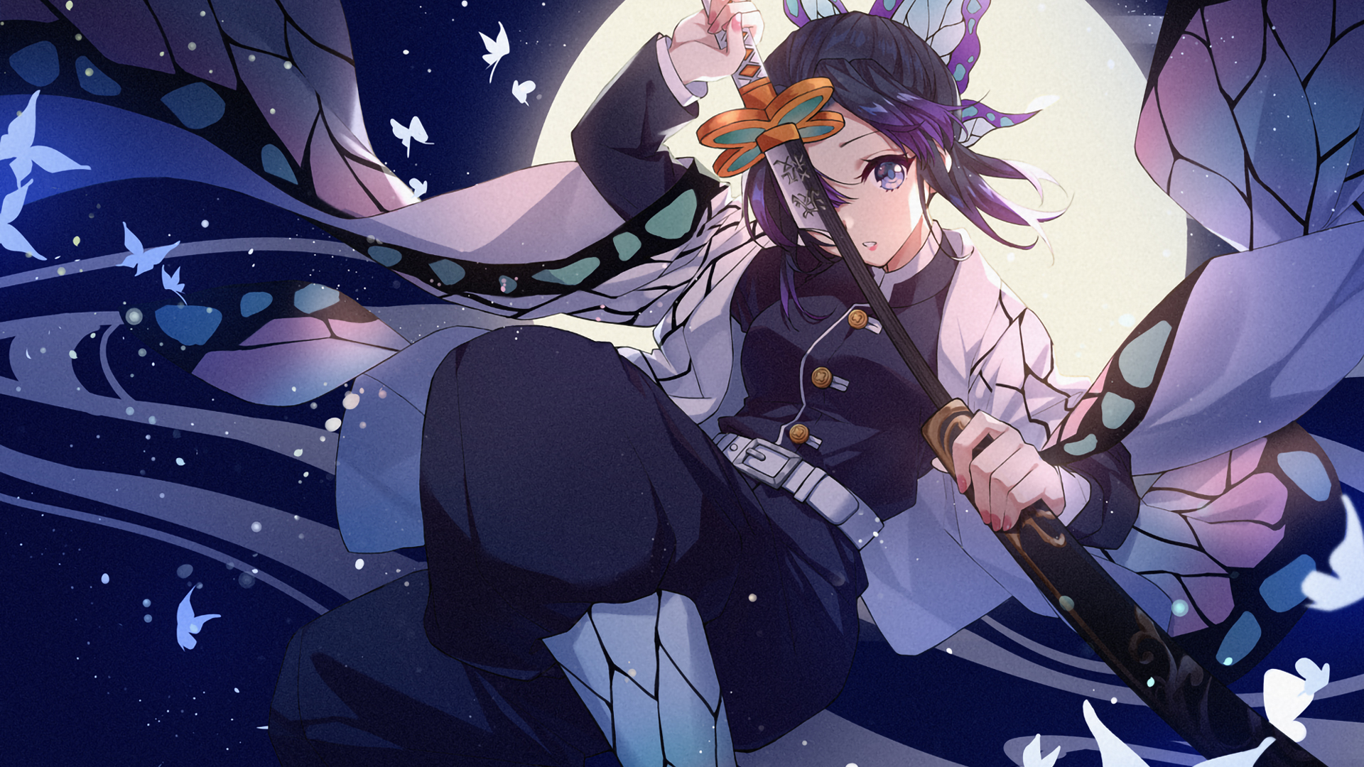 Demon Slayer Shinobu Kochou With Sword With Wallpaper Of Dark Sky Moon And Butterflies 2K Anime