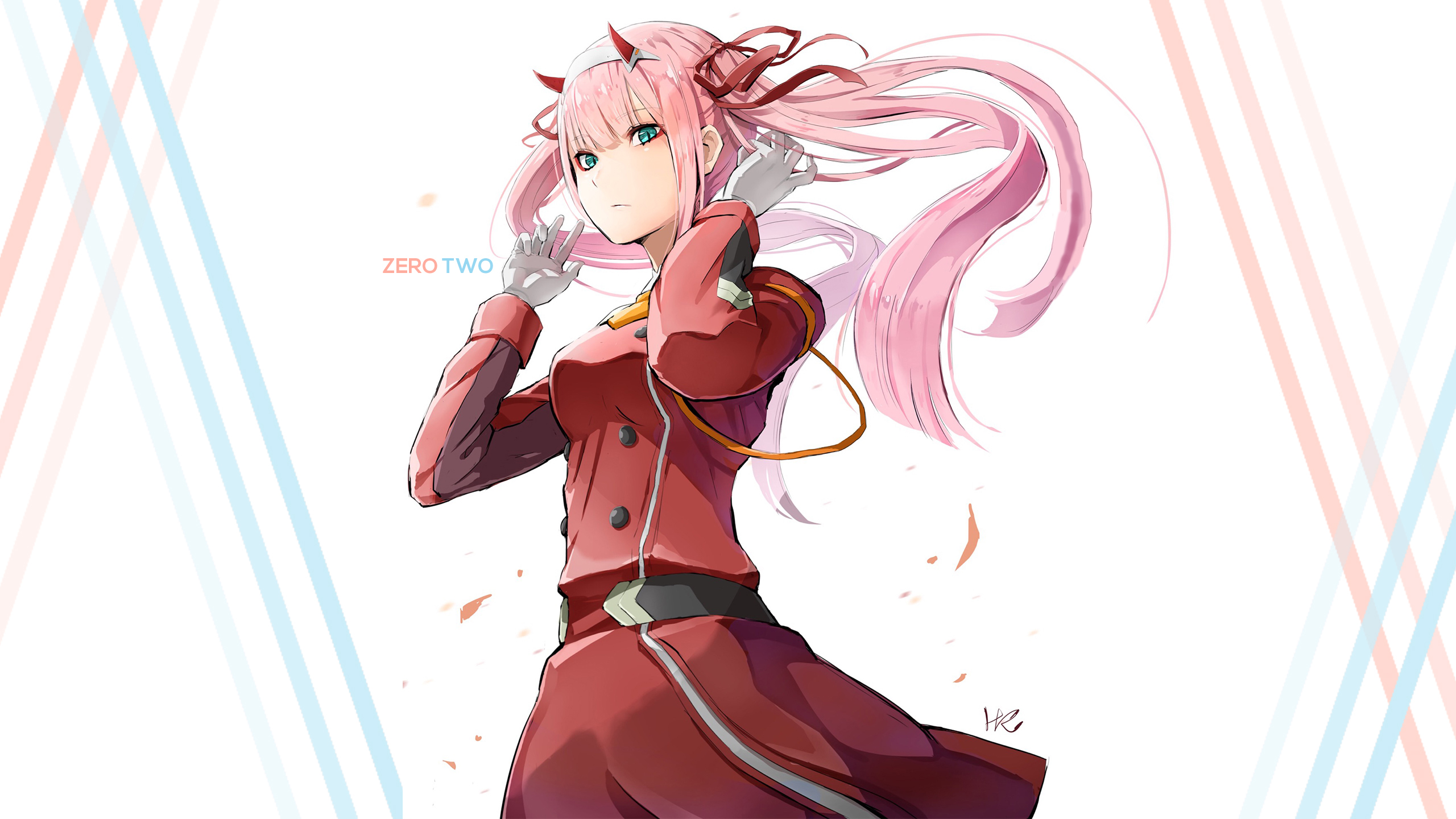 Darling In The FranXX Zero Two Hiro Zero Two With Uncombed Hair With Wallpaper Of White And Cross Lines 2K Anime