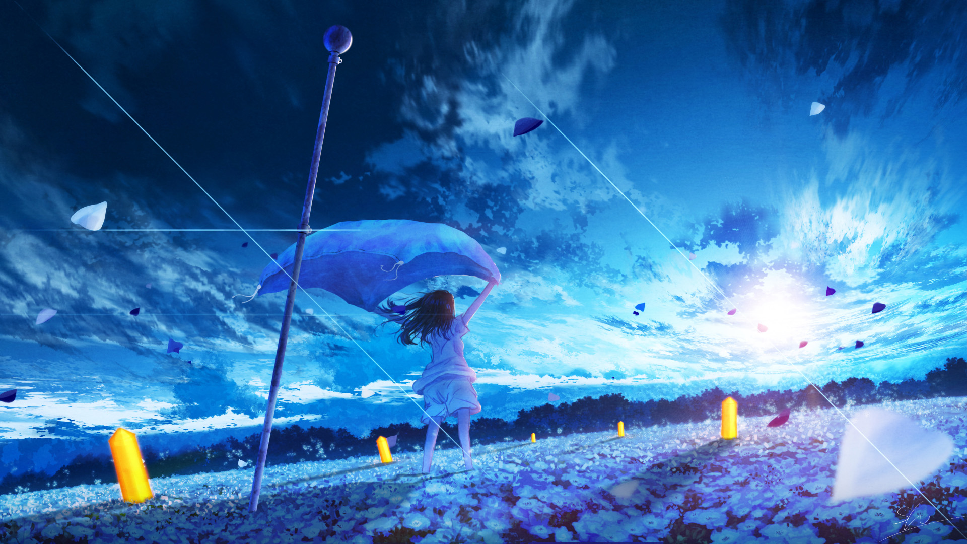 Anime Girl Blue Sky Flowers 2K Anime Girl