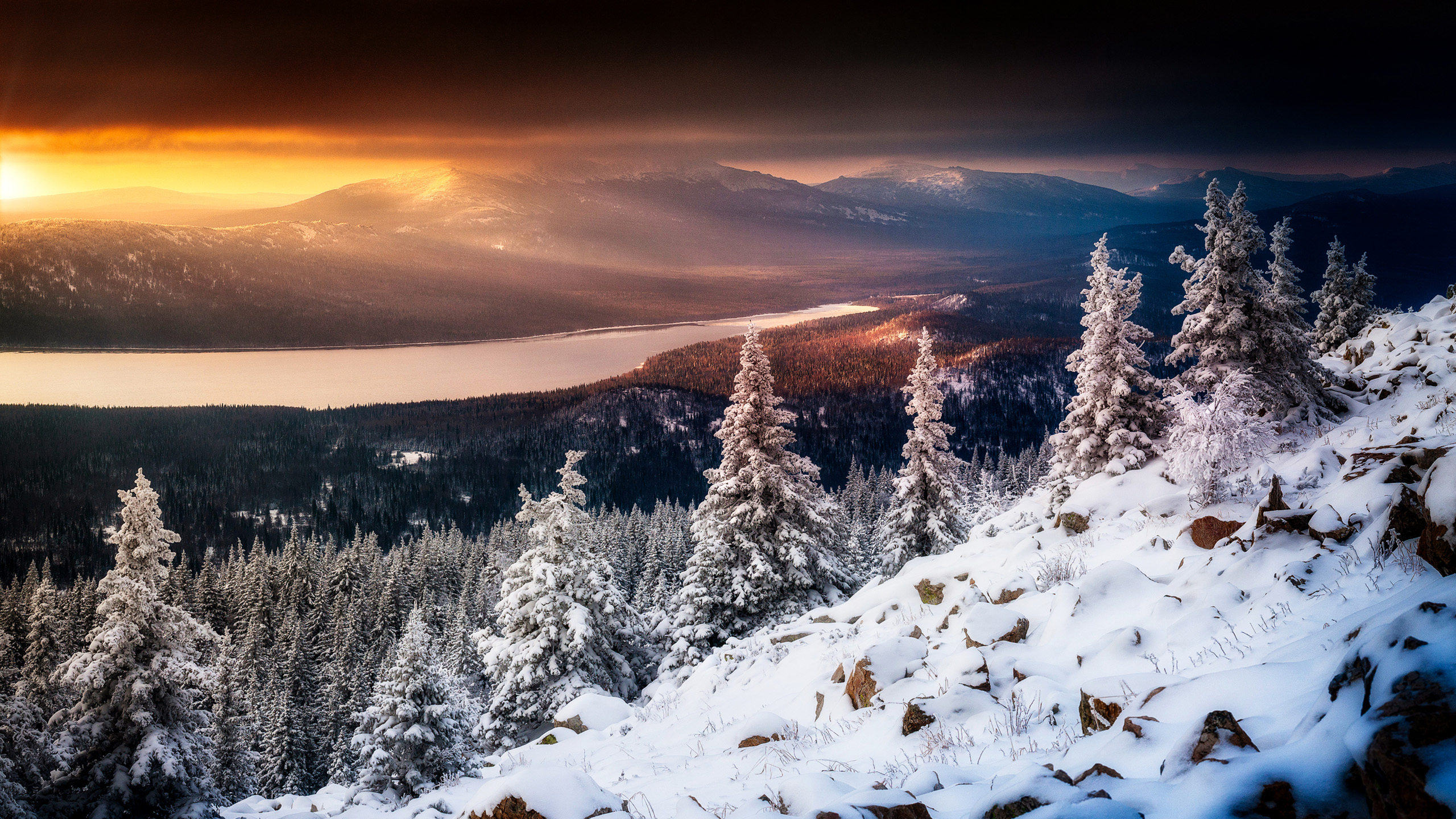 View Of Snow Covered Mountain Trees And Lake During Sunset 2K Nature